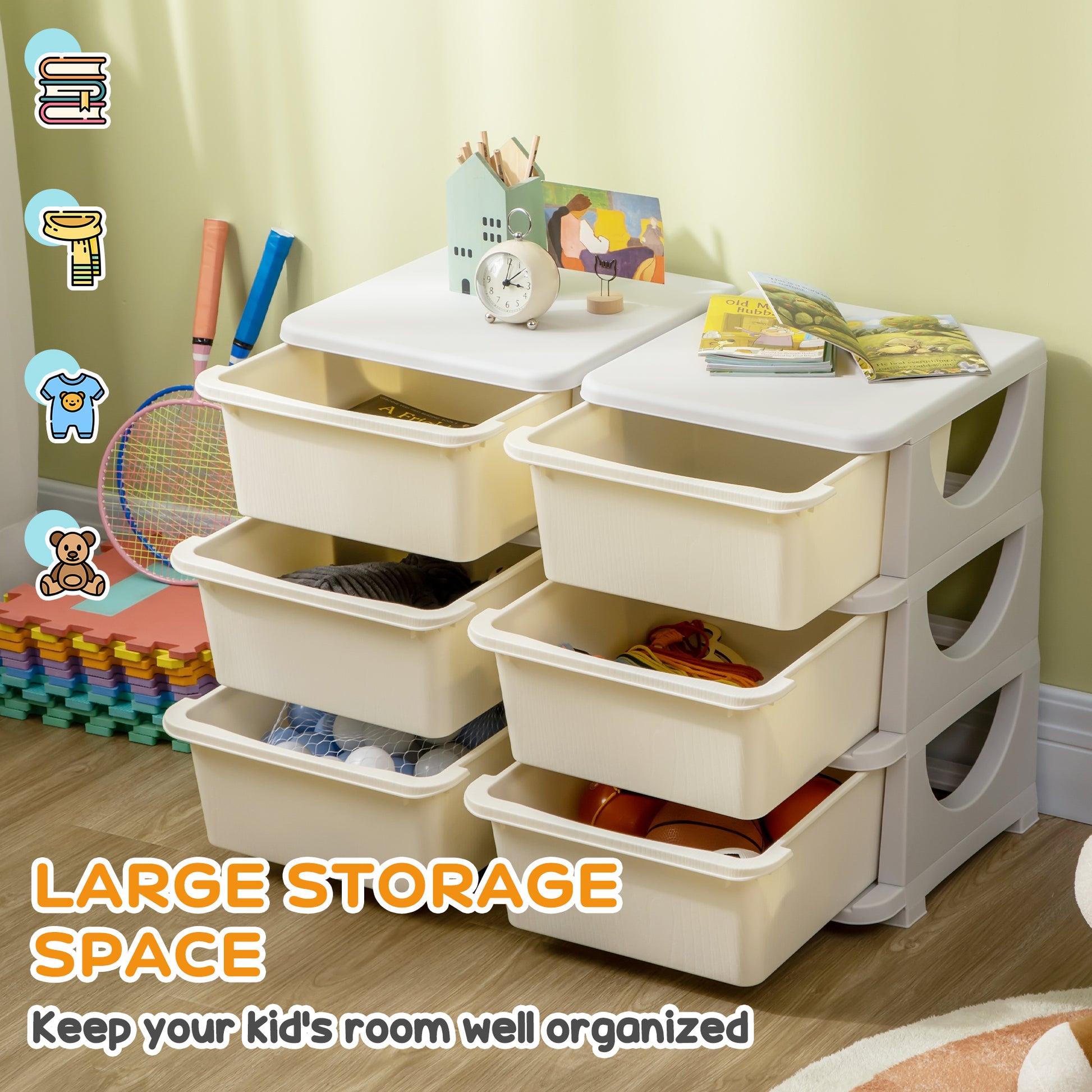 Qaba 3 Tier Kids Toy Organizer and Storage Bins with 6 Plastic Drawers, Cream White-Toys & Games > Toddler & Kids Furniture > Baby & Kids Storage-DECOROLALA