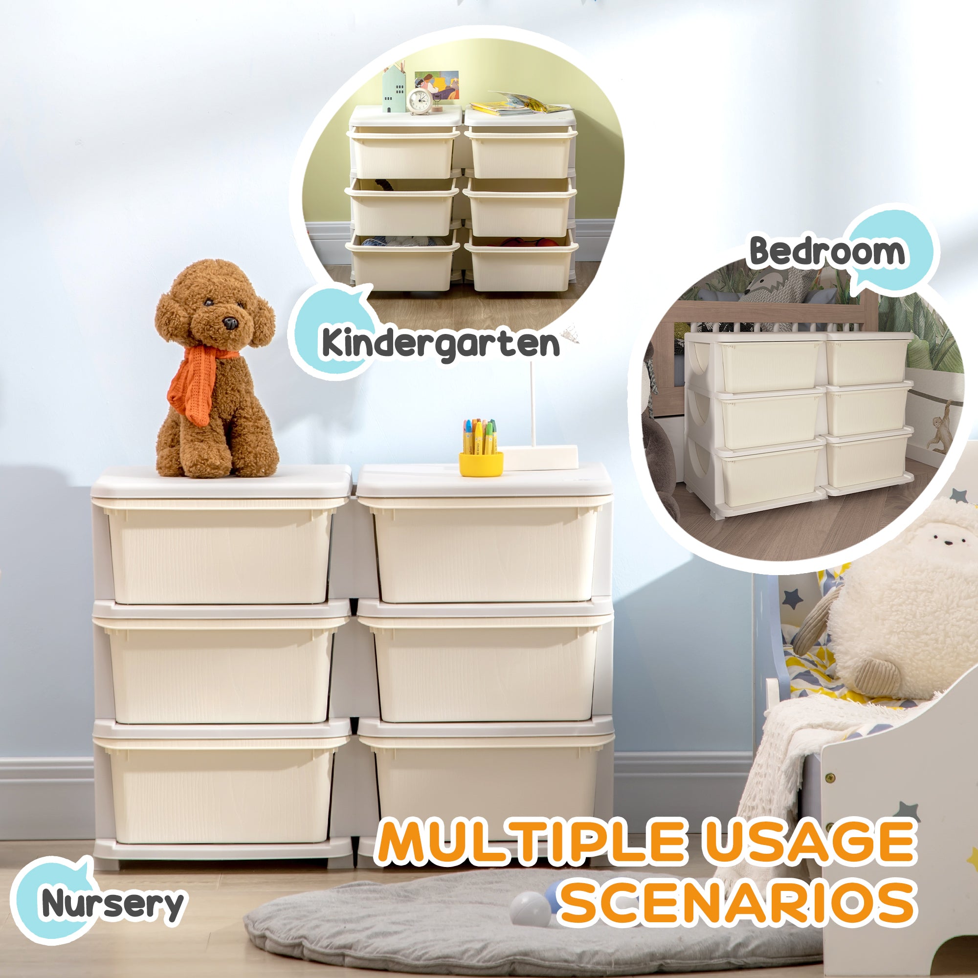 Qaba 3 Tier Kids Toy Organizer and Storage Bins with 6 Plastic Drawers, Cream White-Toys & Games > Toddler & Kids Furniture > Baby & Kids Storage-DECOROLALA