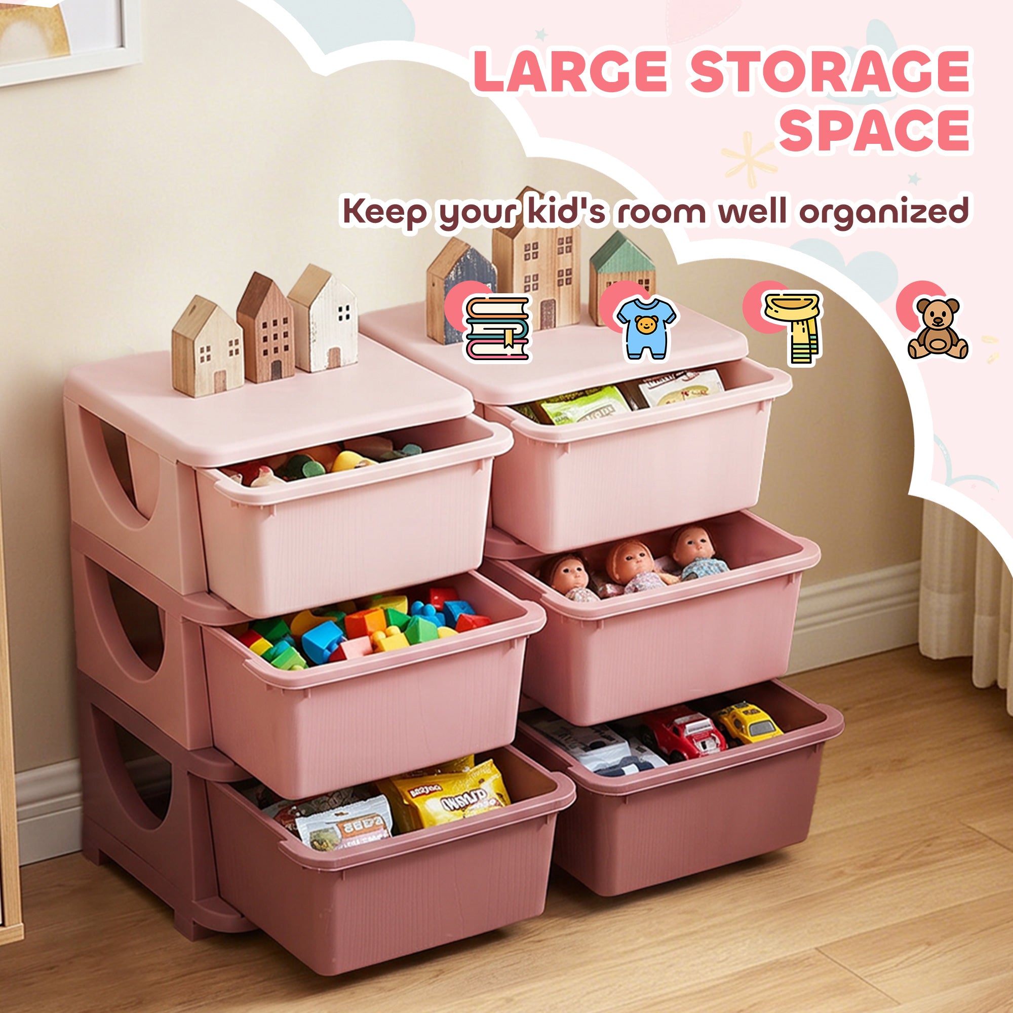 Qaba 3 Tier Kids Toy Organizer and Storage Bins with 6 Plastic Drawers, Pink-Toys & Games > Toddler & Kids Furniture > Baby & Kids Storage-DECOROLALA