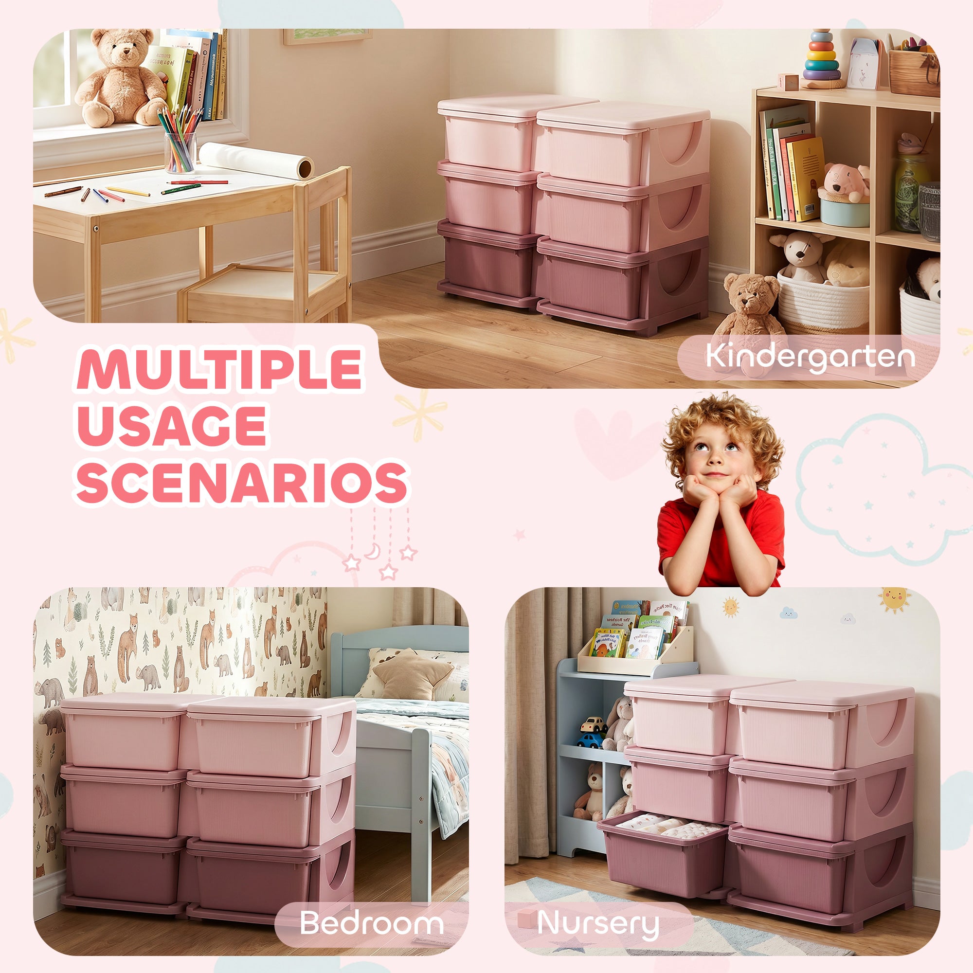 Qaba 3 Tier Kids Toy Organizer and Storage Bins with 6 Plastic Drawers, Pink-Toys & Games > Toddler & Kids Furniture > Baby & Kids Storage-DECOROLALA