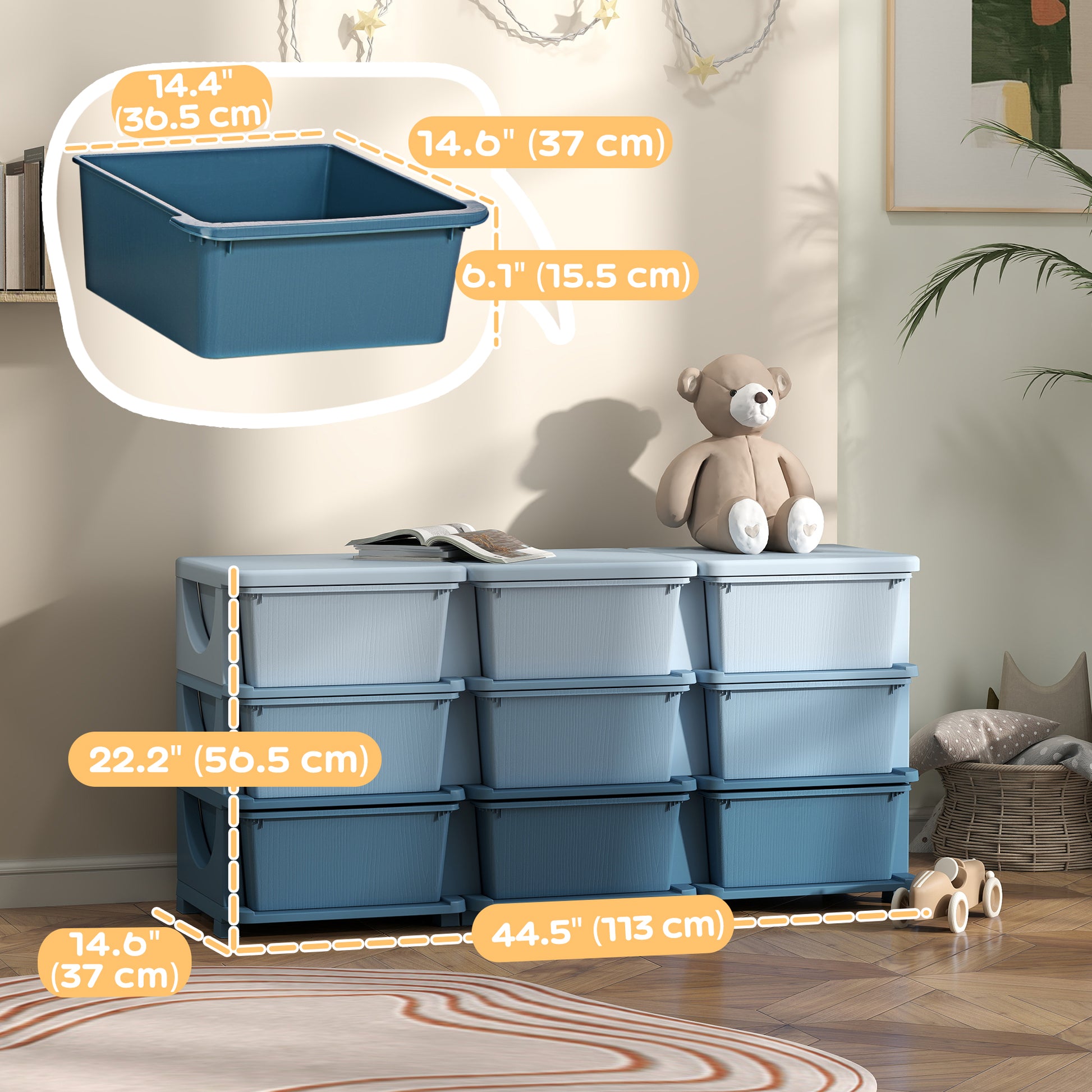 Qaba 3 Tier Kids Toy Organizer and Storage Bins with 9 Plastic Drawers, Blue-Toys & Games > Toddler & Kids Furniture > Baby & Kids Storage-DECOROLALA