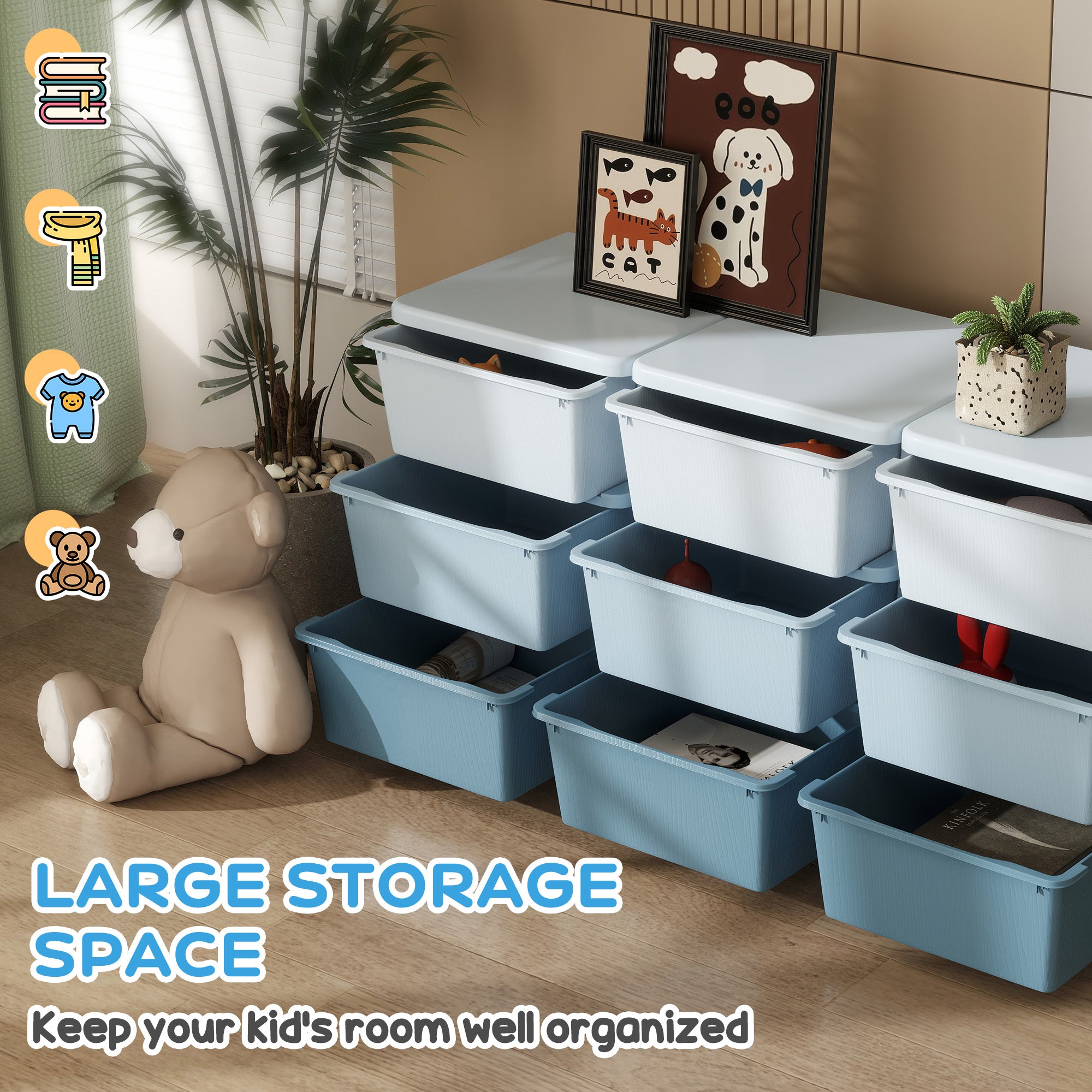 Qaba 3 Tier Kids Toy Organizer and Storage Bins with 9 Plastic Drawers, Blue-Toys & Games > Toddler & Kids Furniture > Baby & Kids Storage-DECOROLALA