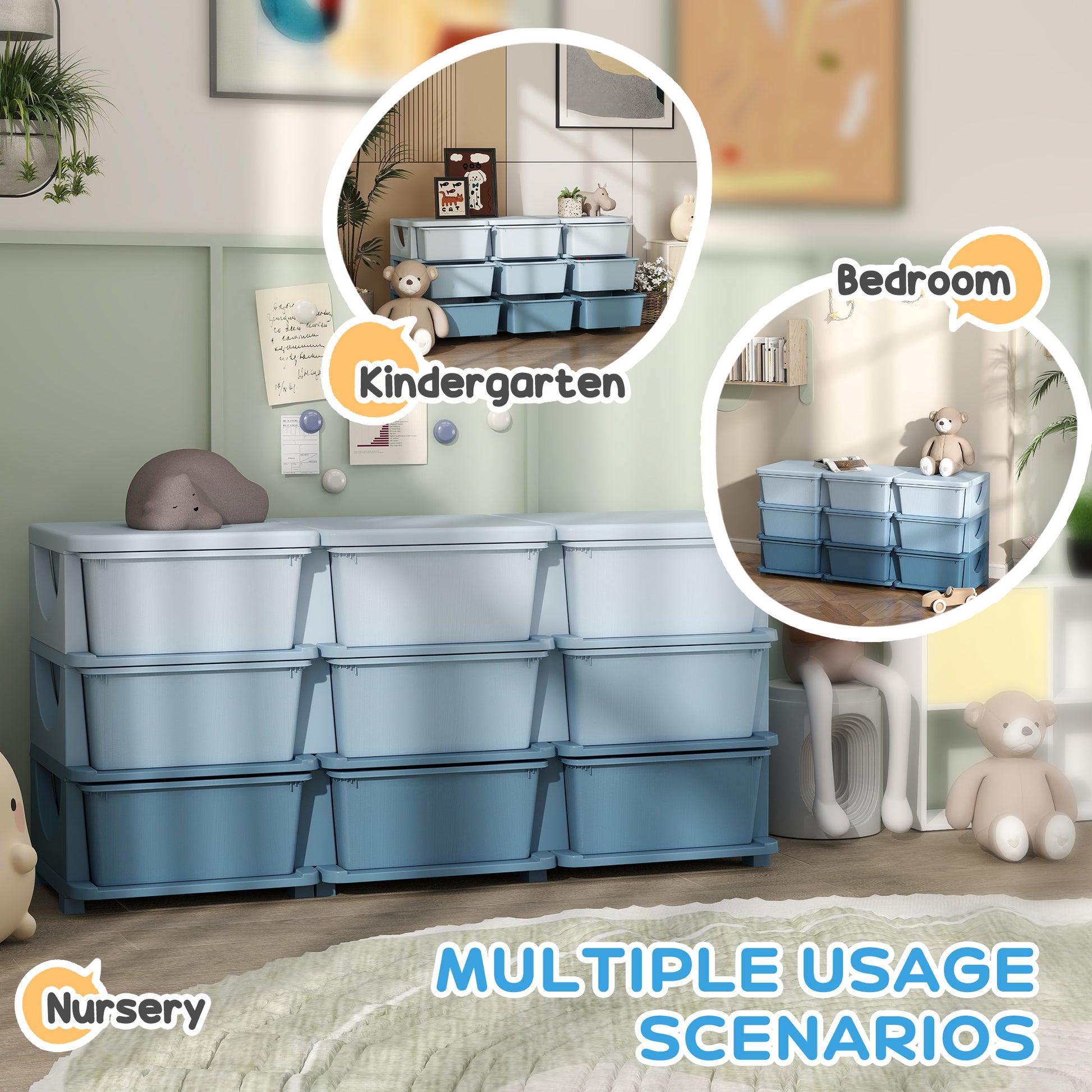 Qaba 3 Tier Kids Toy Organizer and Storage Bins with 9 Plastic Drawers, Blue-Toys & Games > Toddler & Kids Furniture > Baby & Kids Storage-DECOROLALA