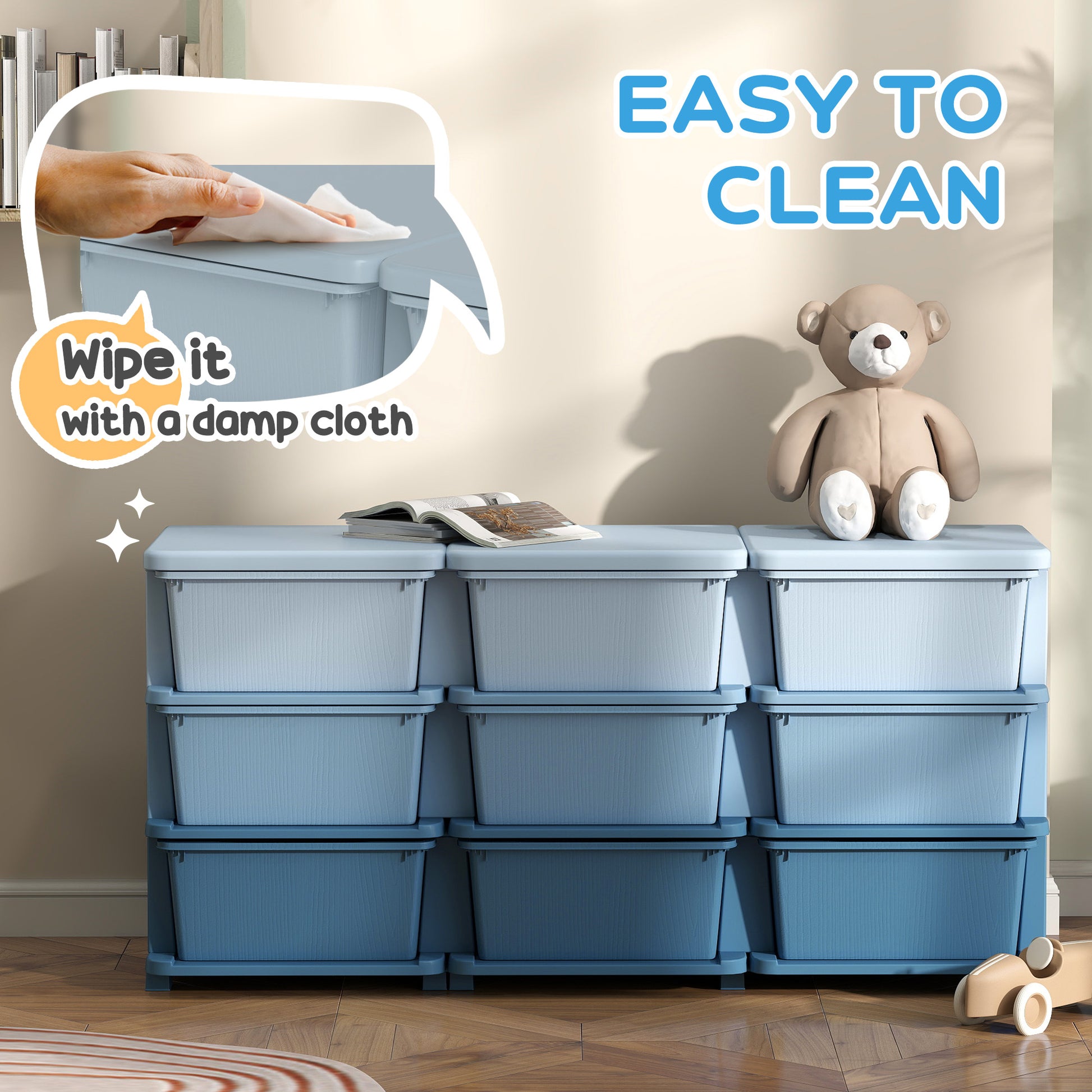 Qaba 3 Tier Kids Toy Organizer and Storage Bins with 9 Plastic Drawers, Blue-Toys & Games > Toddler & Kids Furniture > Baby & Kids Storage-DECOROLALA