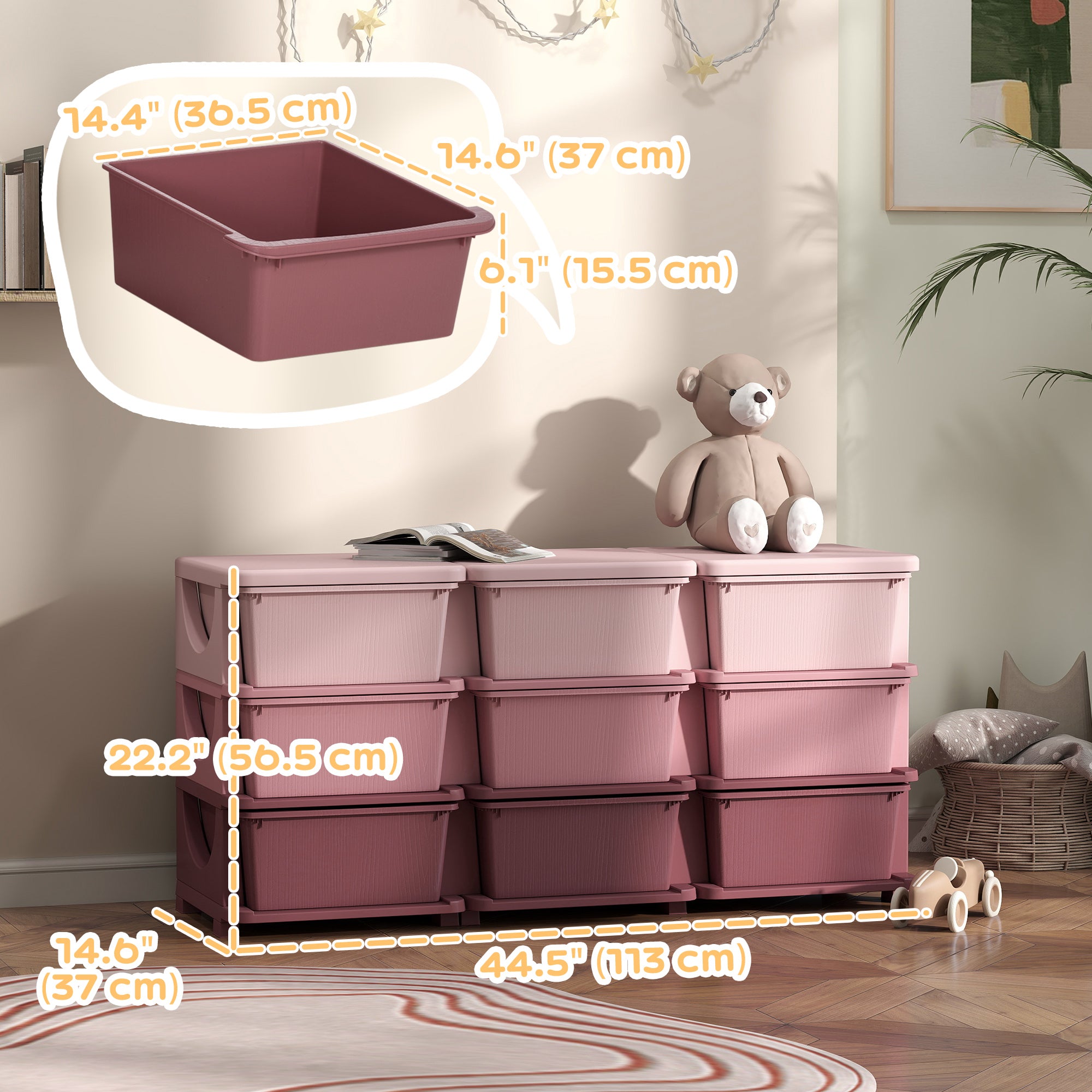Qaba 3 Tier Kids Toy Organizer and Storage Bins with 9 Plastic Drawers, Pink-Toys & Games > Toddler & Kids Furniture > Baby & Kids Storage-DECOROLALA