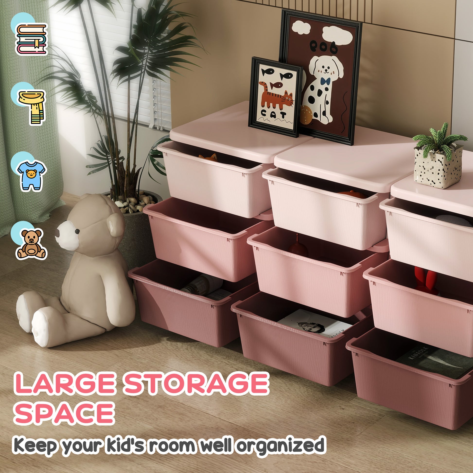 Qaba 3 Tier Kids Toy Organizer and Storage Bins with 9 Plastic Drawers, Pink-Toys & Games > Toddler & Kids Furniture > Baby & Kids Storage-DECOROLALA