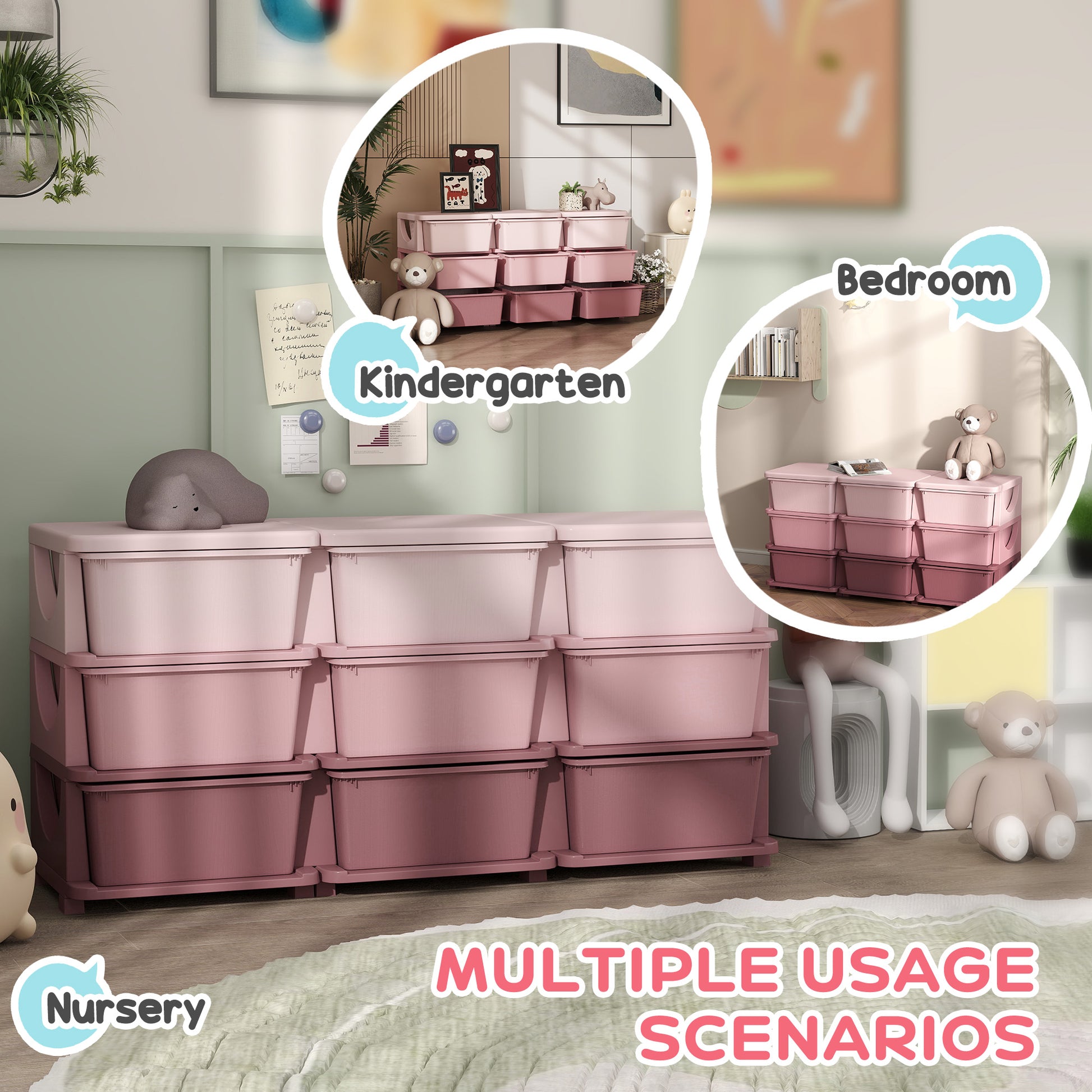 Qaba 3 Tier Kids Toy Organizer and Storage Bins with 9 Plastic Drawers, Pink-Toys & Games > Toddler & Kids Furniture > Baby & Kids Storage-DECOROLALA