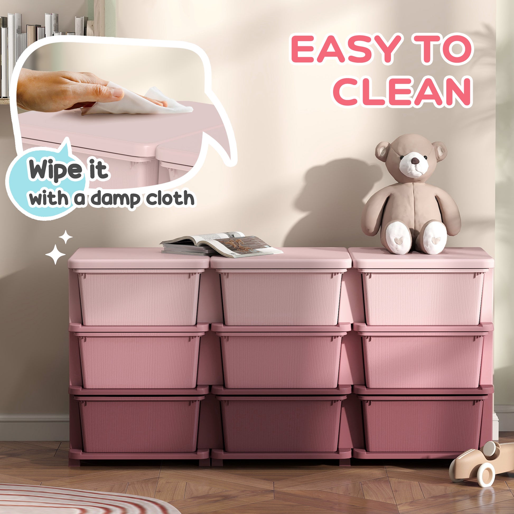 Qaba 3 Tier Kids Toy Organizer and Storage Bins with 9 Plastic Drawers, Pink-Toys & Games > Toddler & Kids Furniture > Baby & Kids Storage-DECOROLALA