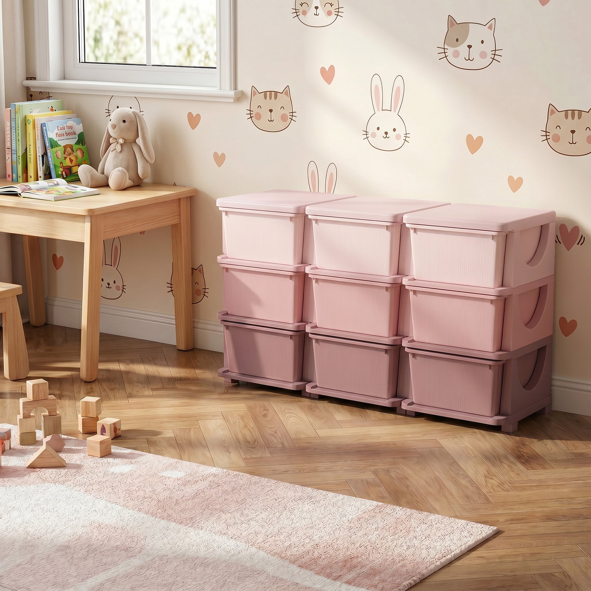 Qaba 3 Tier Kids Toy Organizer and Storage Bins with 9 Plastic Drawers, Pink-Toys & Games > Toddler & Kids Furniture > Baby & Kids Storage-DECOROLALA