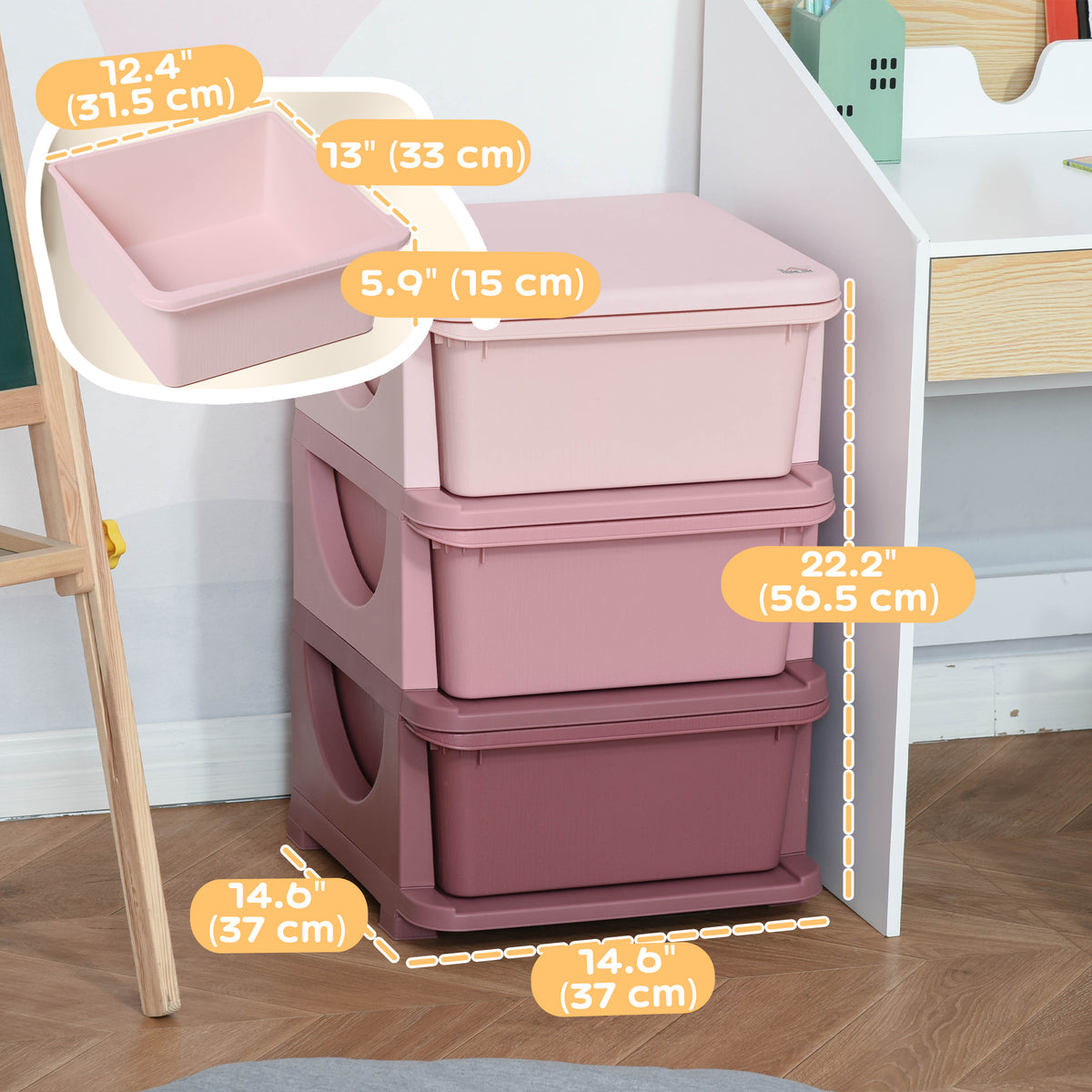 Qaba 3-Tier Kids Toy Organizer with 3 Plastic Bins - Pink-Toys & Games > Toddler & Kids Furniture > Baby & Kids Storage-DECOROLALA