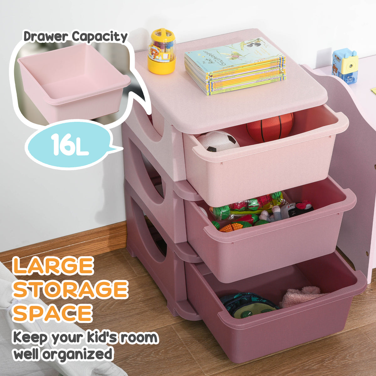 Qaba 3-Tier Kids Toy Organizer with 3 Plastic Bins - Pink-Toys & Games > Toddler & Kids Furniture > Baby & Kids Storage-DECOROLALA
