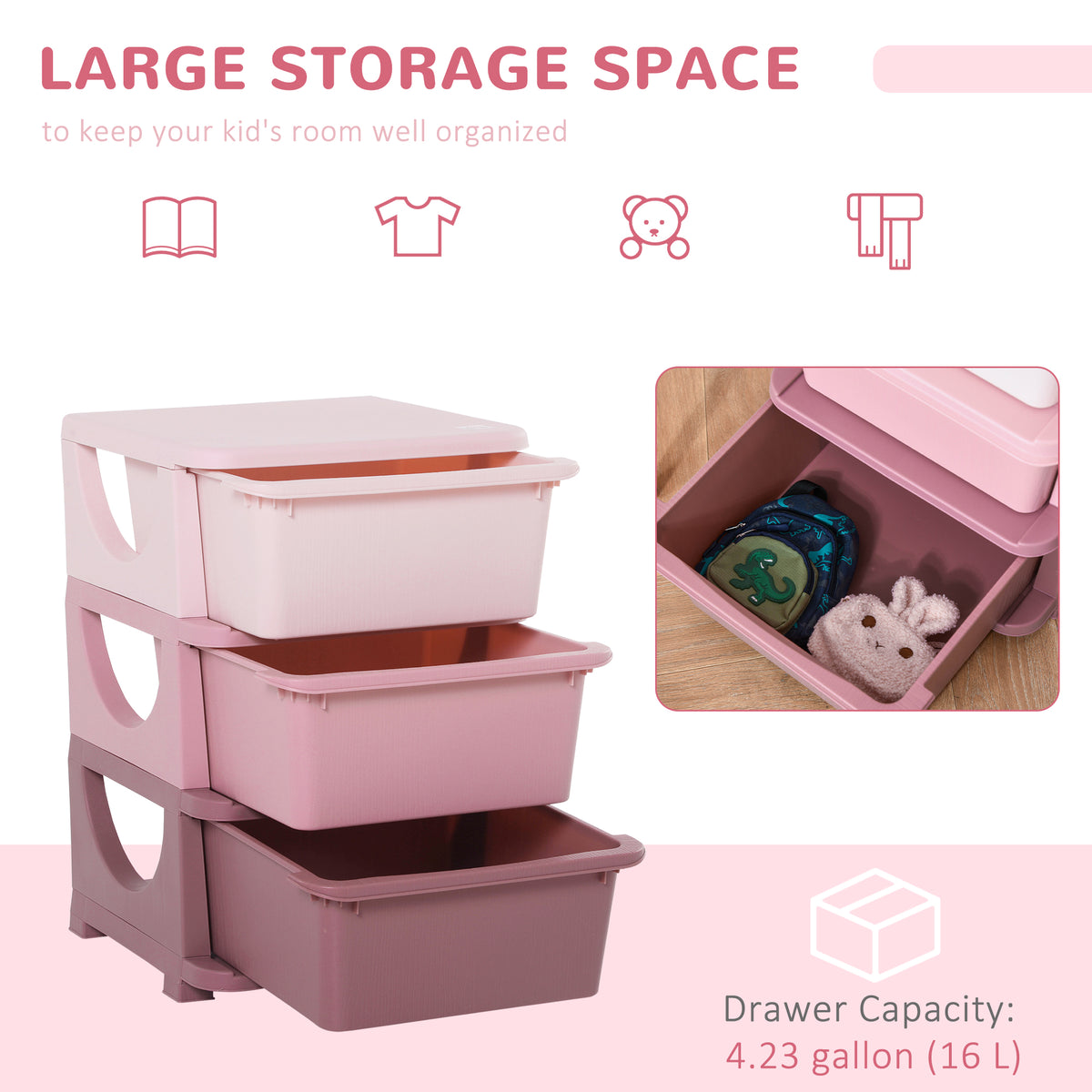 Qaba 3-Tier Kids Toy Organizer with 3 Plastic Bins - Pink-Toys & Games > Toddler & Kids Furniture > Baby & Kids Storage-DECOROLALA