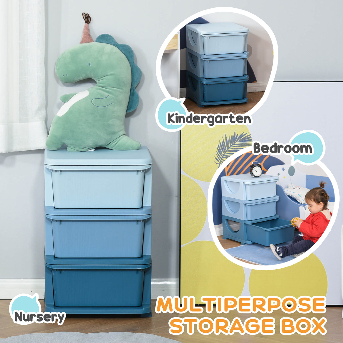 Qaba 3-Tier Kids Toy Organizer with 3 Storage Bins - Blue-Toys & Games > Toddler & Kids Furniture > Baby & Kids Storage-DECOROLALA