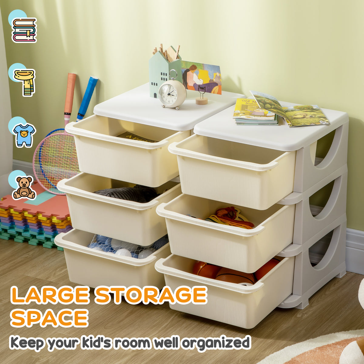 Qaba 3-Tier Kids Toy Storage Organizer with 6 Bins - Cream White-Toys & Games > Toddler & Kids Furniture > Baby & Kids Storage-DECOROLALA