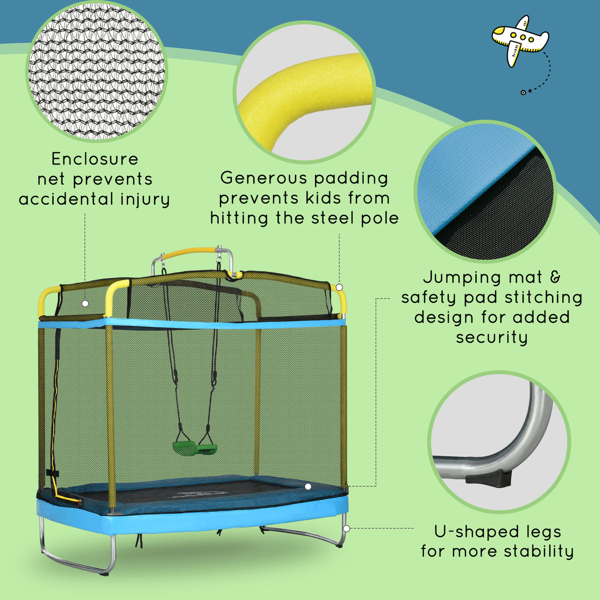 Qaba 3-in-1 Kids Trampoline with Gymnastics Bar and Swing-Trampolines-DECOROLALA
