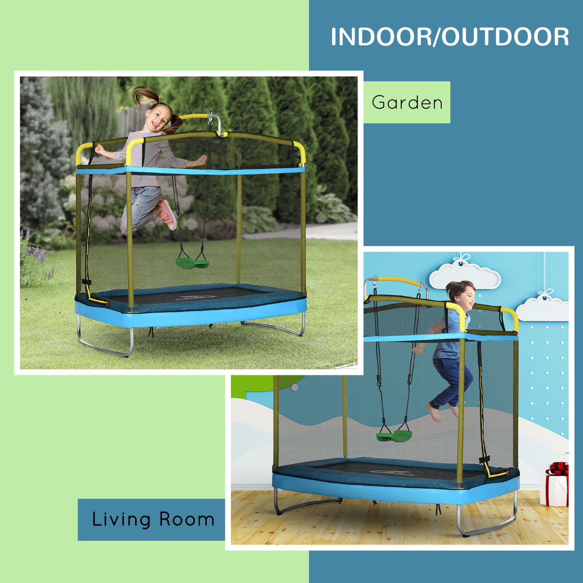Qaba 3-in-1 Kids Trampoline with Gymnastics Bar and Swing-Trampolines-DECOROLALA