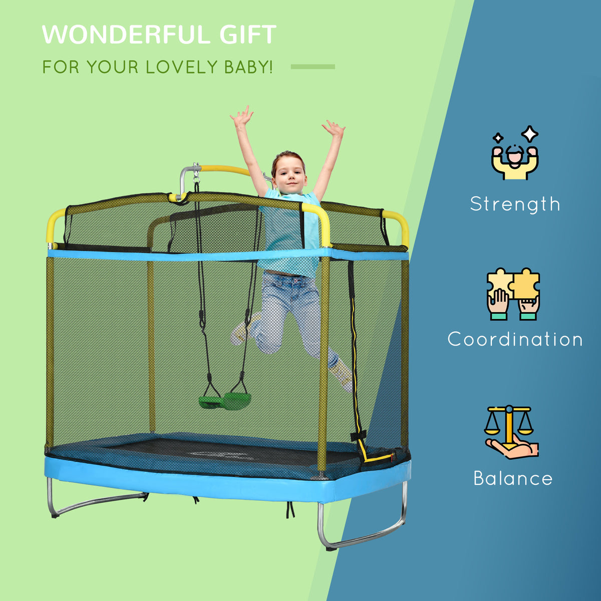 Qaba 3-in-1 Kids Trampoline with Gymnastics Bar and Swing-Trampolines-DECOROLALA