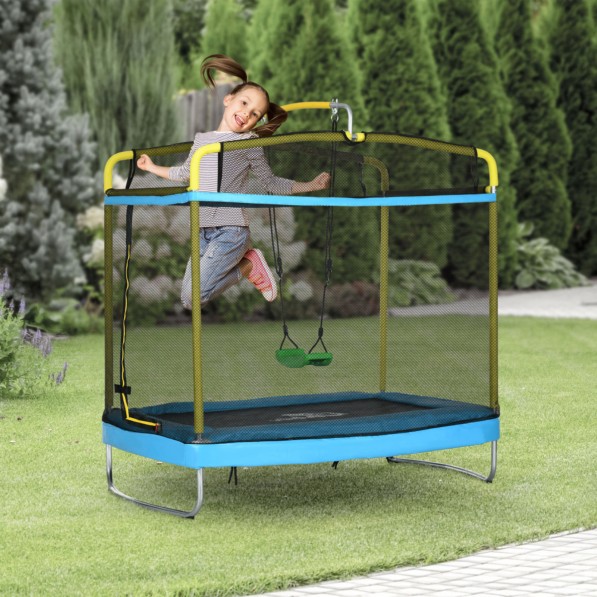 Qaba 3-in-1 Kids Trampoline with Gymnastics Bar and Swing-Trampolines-DECOROLALA