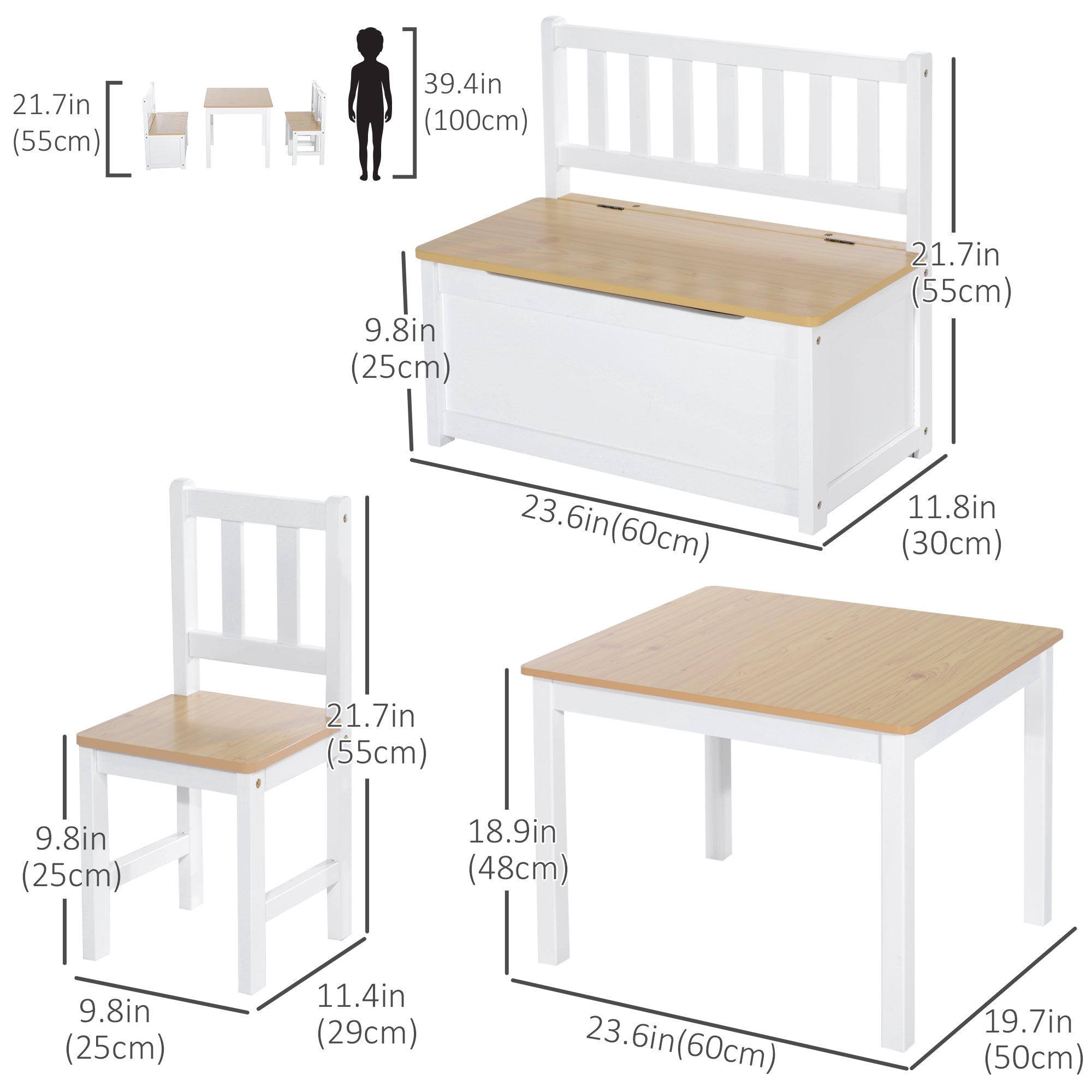 Qaba 4-Piece Set Kids Wood Table Chair Bench with Storage Function Easy to Clean Gift for Girls Boys Toddlers Age 3 Years up Natural and White-Toys & Games > Toddler & Kids Furniture > Kids Table Sets-DECOROLALA