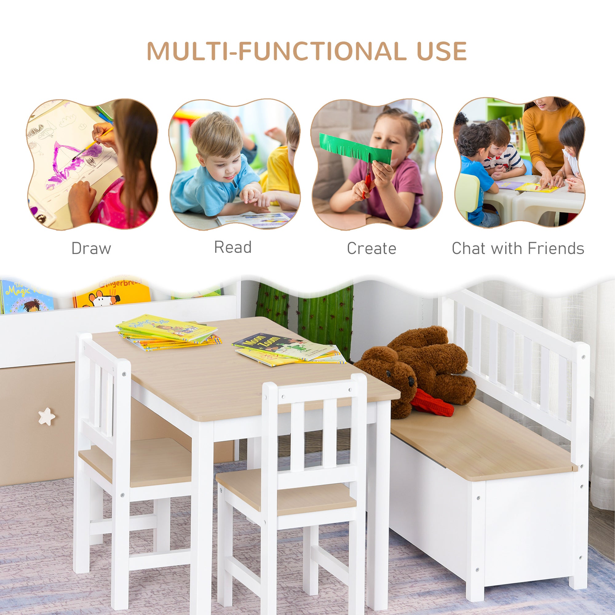 Qaba 4-Piece Set Kids Wood Table Chair Bench with Storage Function Easy to Clean Gift for Girls Boys Toddlers Age 3 Years up Natural and White-Toys & Games > Toddler & Kids Furniture > Kids Table Sets-DECOROLALA