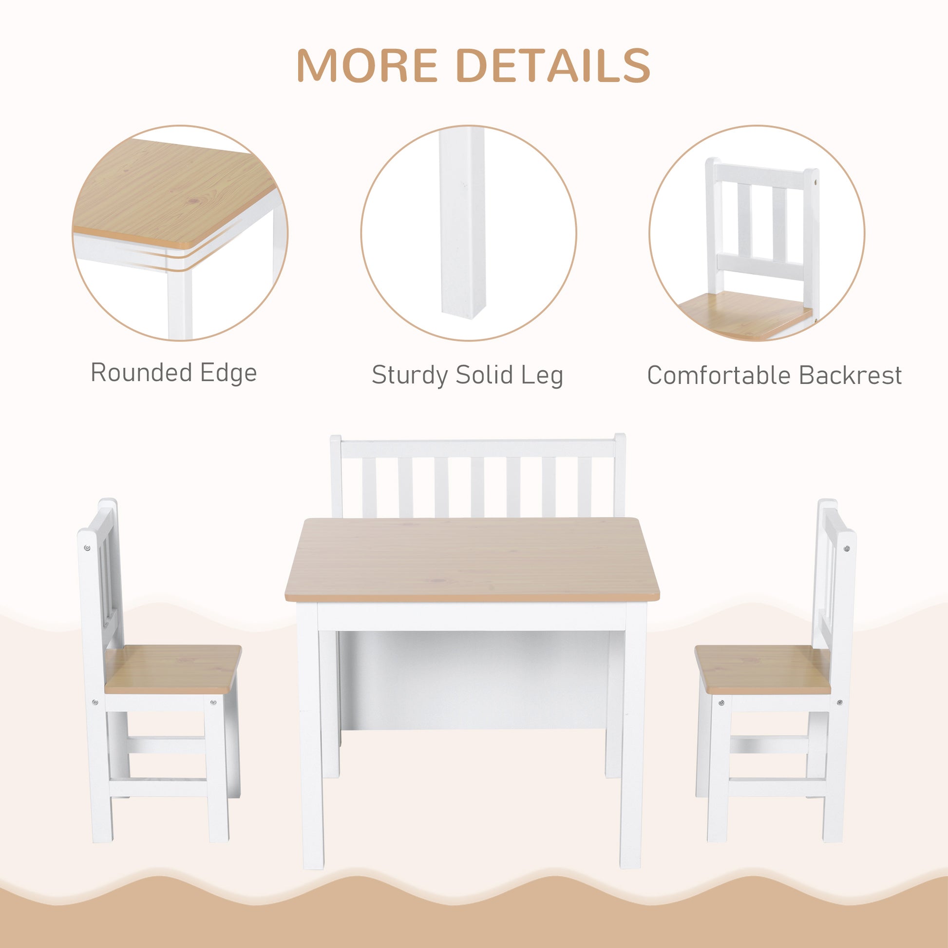 Qaba 4-Piece Set Kids Wood Table Chair Bench with Storage Function Easy to Clean Gift for Girls Boys Toddlers Age 3 Years up Natural and White-Toys & Games > Toddler & Kids Furniture > Kids Table Sets-DECOROLALA