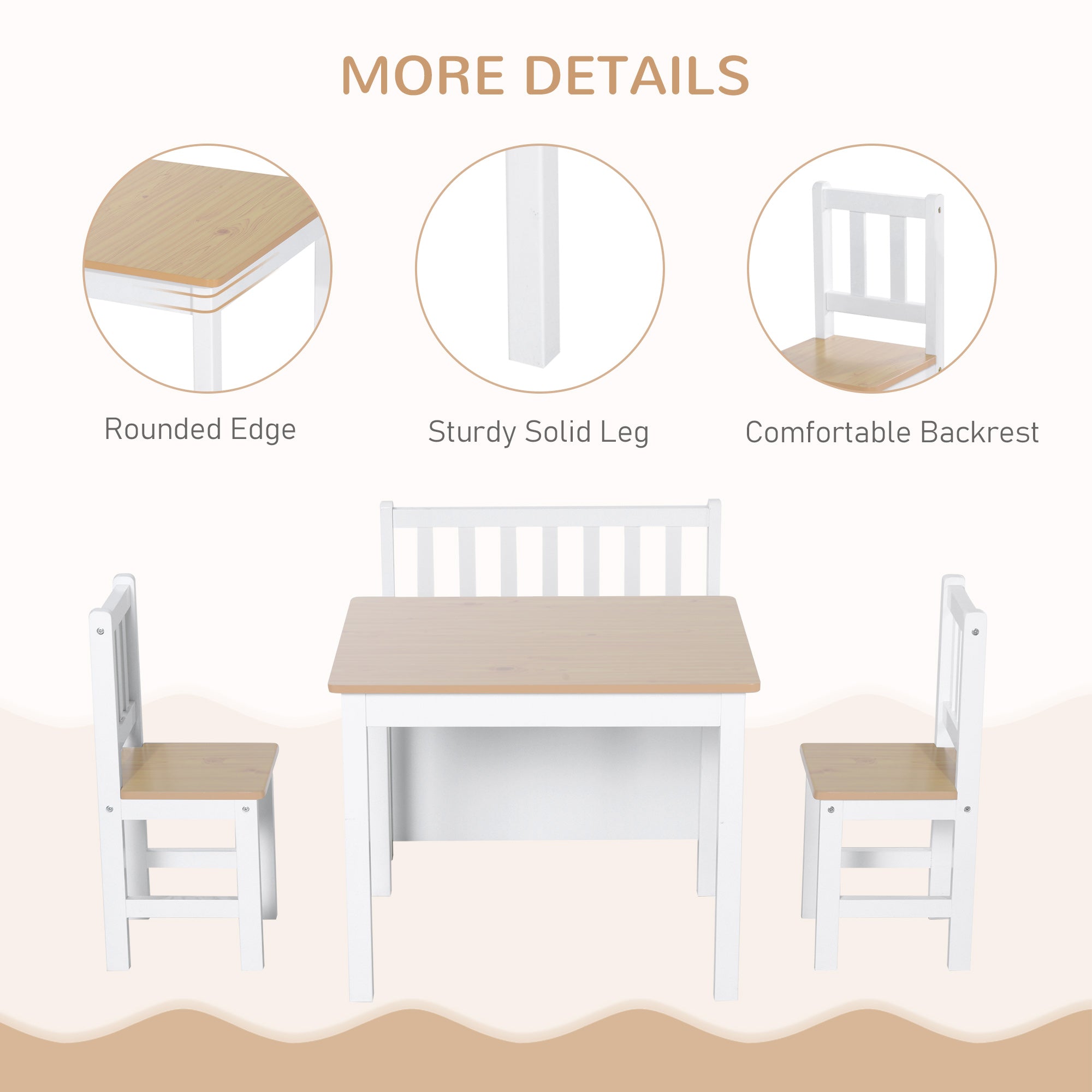 Qaba 4-Piece Set Kids Wood Table Chair Bench with Storage Function Easy to Clean Gift for Girls Boys Toddlers Age 3 Years up Natural and White-Toys & Games > Toddler & Kids Furniture > Kids Table Sets-DECOROLALA