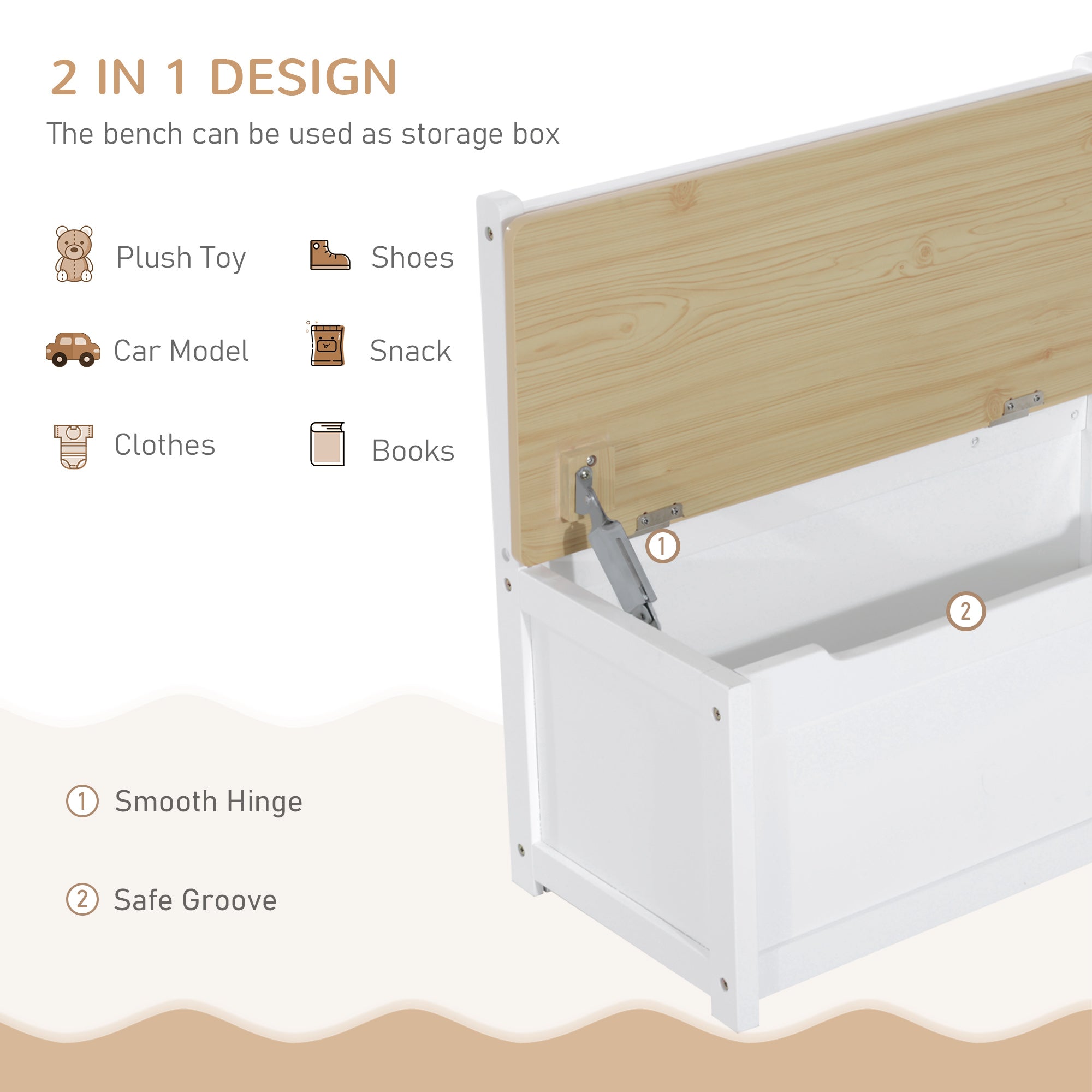 Qaba 4-Piece Set Kids Wood Table Chair Bench with Storage Function Easy to Clean Gift for Girls Boys Toddlers Age 3 Years up Natural and White-Toys & Games > Toddler & Kids Furniture > Kids Table Sets-DECOROLALA