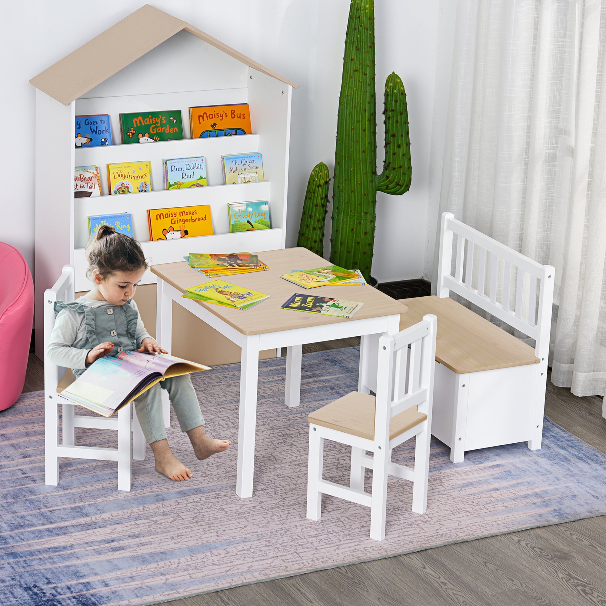 Qaba 4-Piece Set Kids Wood Table Chair Bench with Storage Function Easy to Clean Gift for Girls Boys Toddlers Age 3 Years up Natural and White-Toys & Games > Toddler & Kids Furniture > Kids Table Sets-DECOROLALA