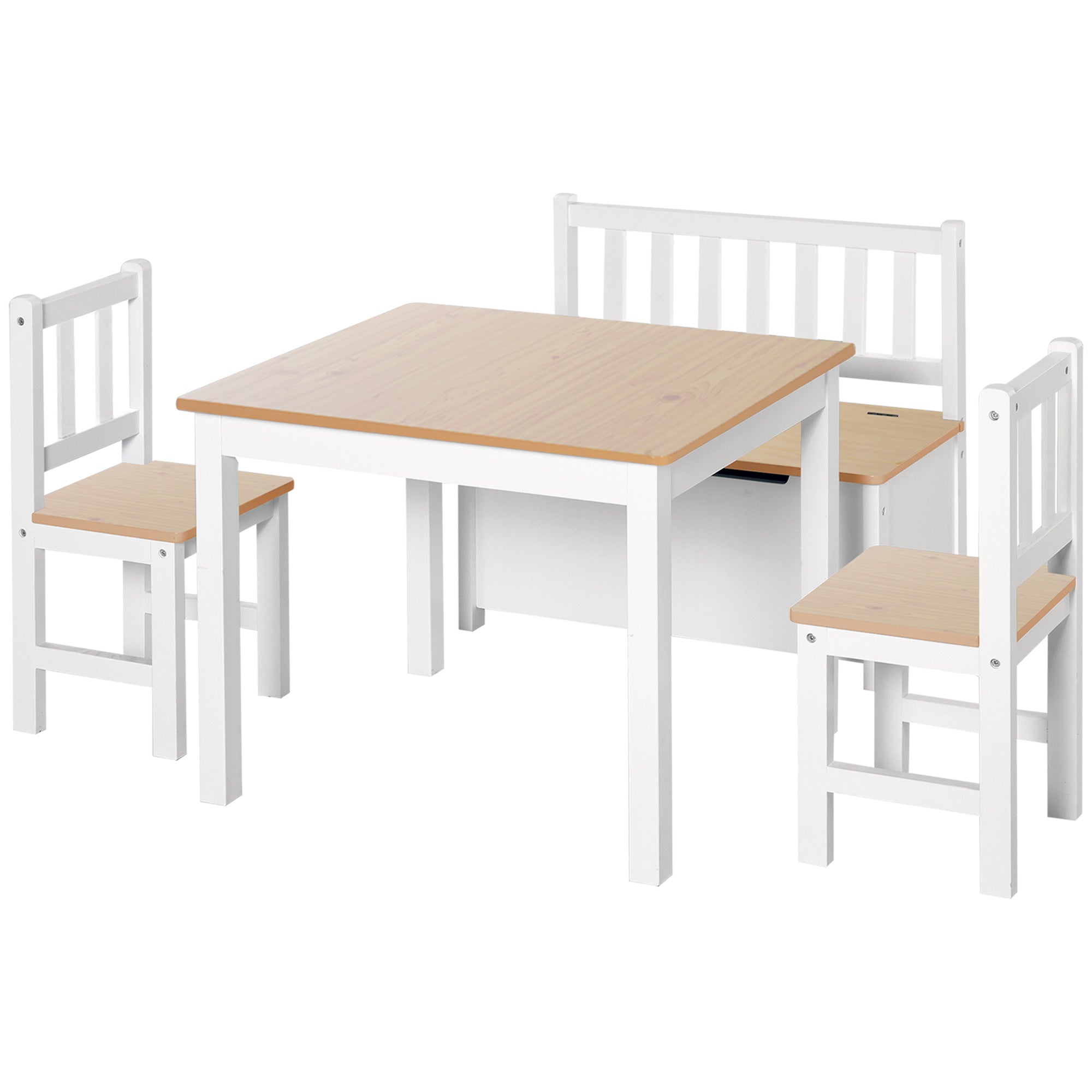 Qaba 4-Piece Set Kids Wood Table Chair Bench with Storage Function Easy to Clean Gift for Girls Boys Toddlers Age 3 Years up Natural and White-Toys & Games > Toddler & Kids Furniture > Kids Table Sets-DECOROLALA