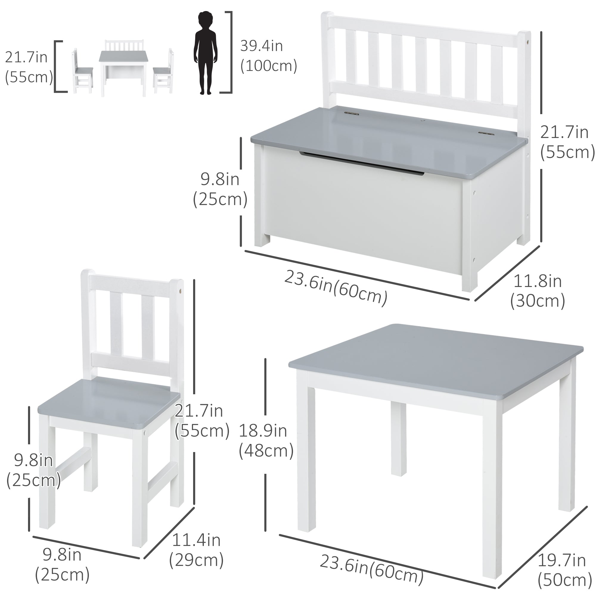 Qaba 4-Piece Set Kids Wood Table Chair Bench with Storage Function Gift for Toddlers-Toys & Games > Toddler & Kids Furniture > Kids Table Sets-DECOROLALA