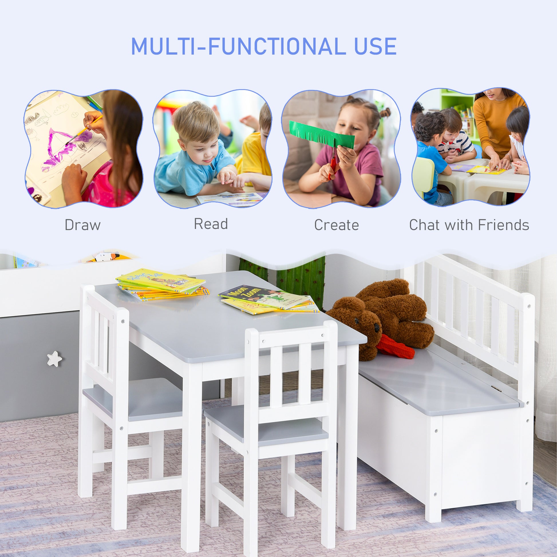 Qaba 4-Piece Set Kids Wood Table Chair Bench with Storage Function Gift for Toddlers-Toys & Games > Toddler & Kids Furniture > Kids Table Sets-DECOROLALA
