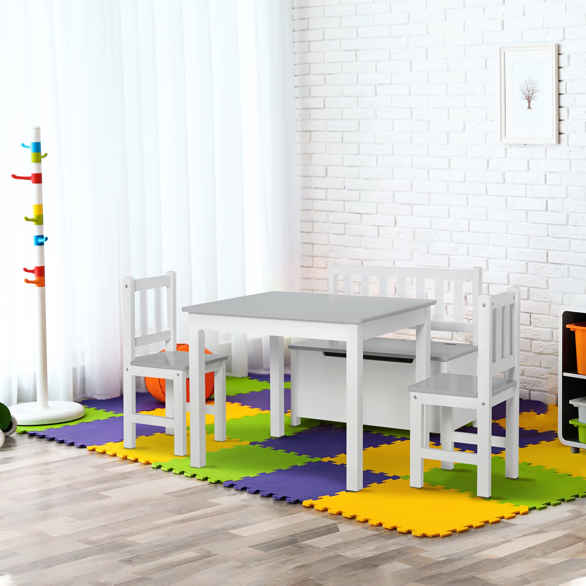 Qaba 4-Piece Set Kids Wood Table Chair Bench with Storage Function Gift for Toddlers-Toys & Games > Toddler & Kids Furniture > Kids Table Sets-DECOROLALA