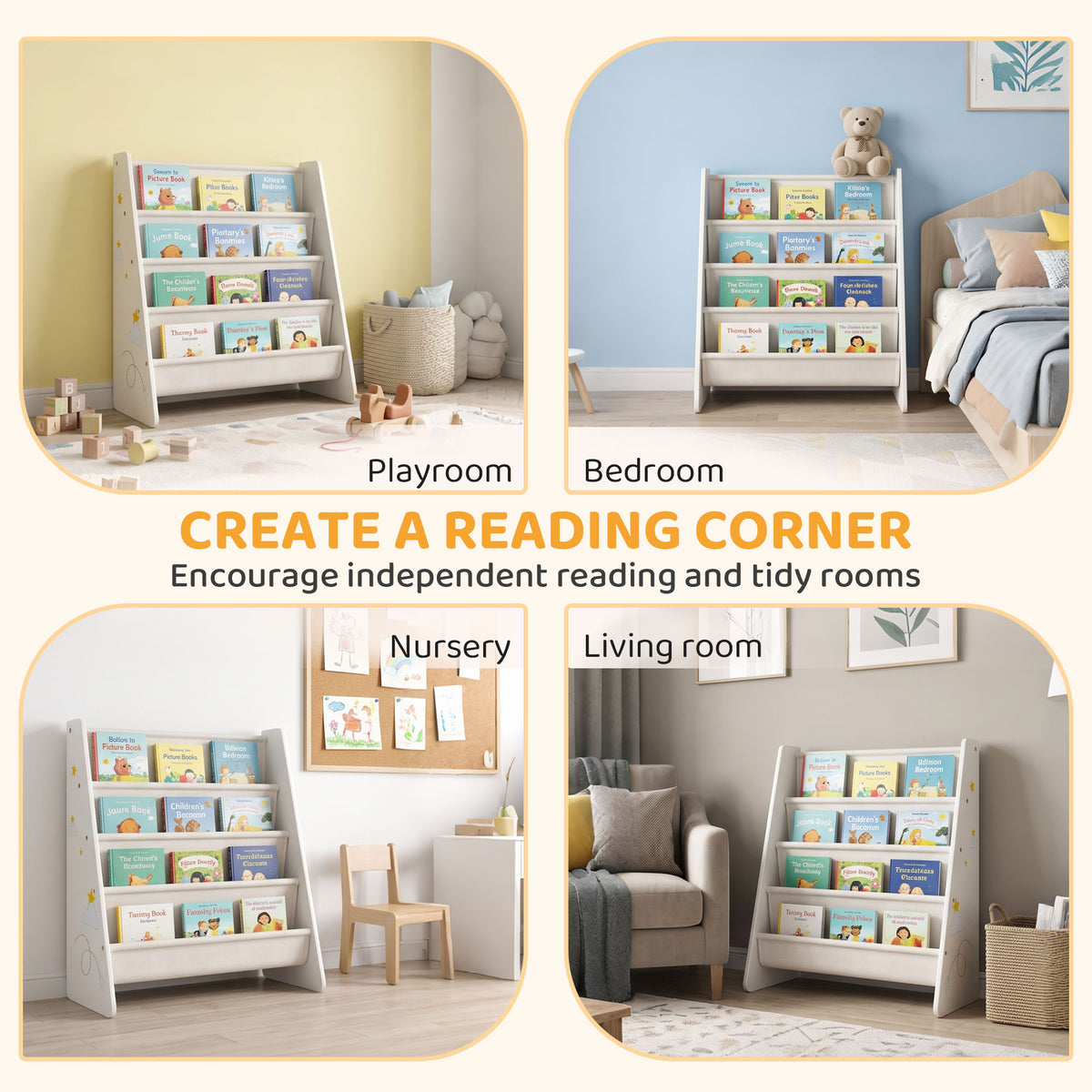 Qaba 4-Tier Kids Sling Bookshelf - White 25" Nursery Book Rack-Toys & Games > Toddler & Kids Furniture > Baby & Kids Storage-DECOROLALA