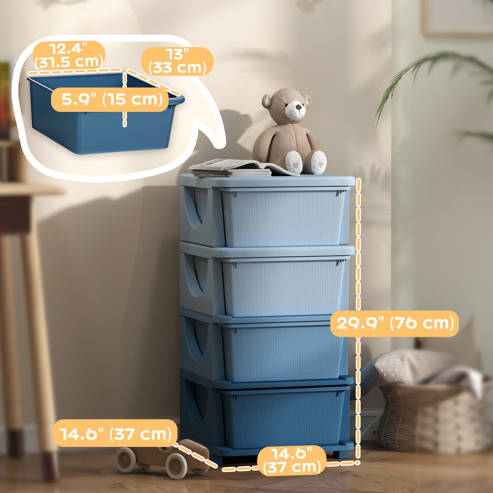 Qaba 4 Tier Kids Toy Organizer and Storage Bins with 4 Plastic Drawers, Blue-Toys & Games > Toddler & Kids Furniture > Baby & Kids Storage-DECOROLALA