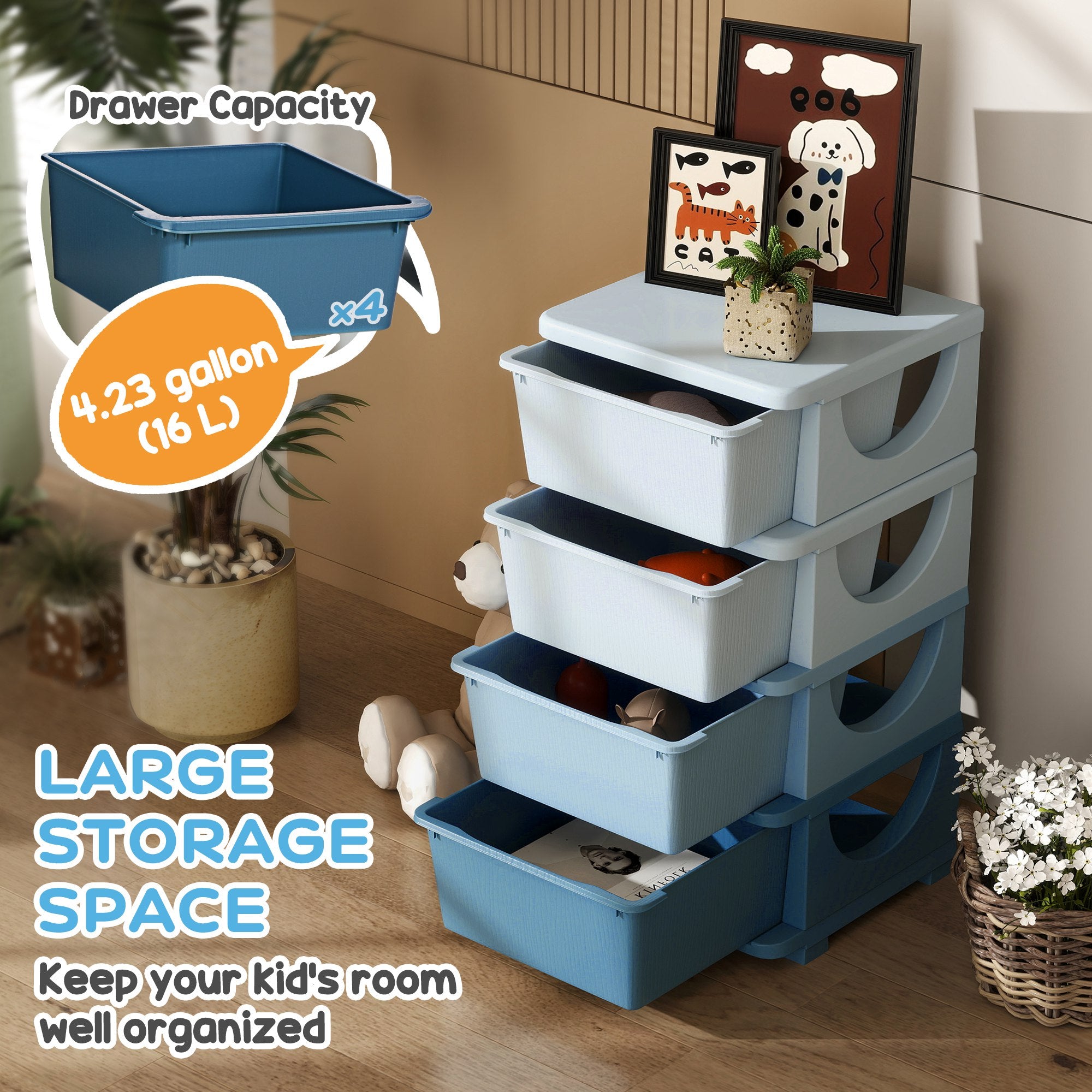 Qaba 4 Tier Kids Toy Organizer and Storage Bins with 4 Plastic Drawers, Blue-Toys & Games > Toddler & Kids Furniture > Baby & Kids Storage-DECOROLALA