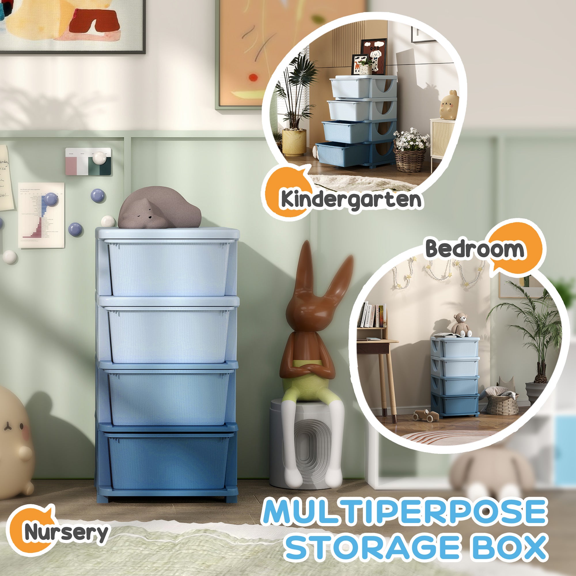 Qaba 4 Tier Kids Toy Organizer and Storage Bins with 4 Plastic Drawers, Blue-Toys & Games > Toddler & Kids Furniture > Baby & Kids Storage-DECOROLALA