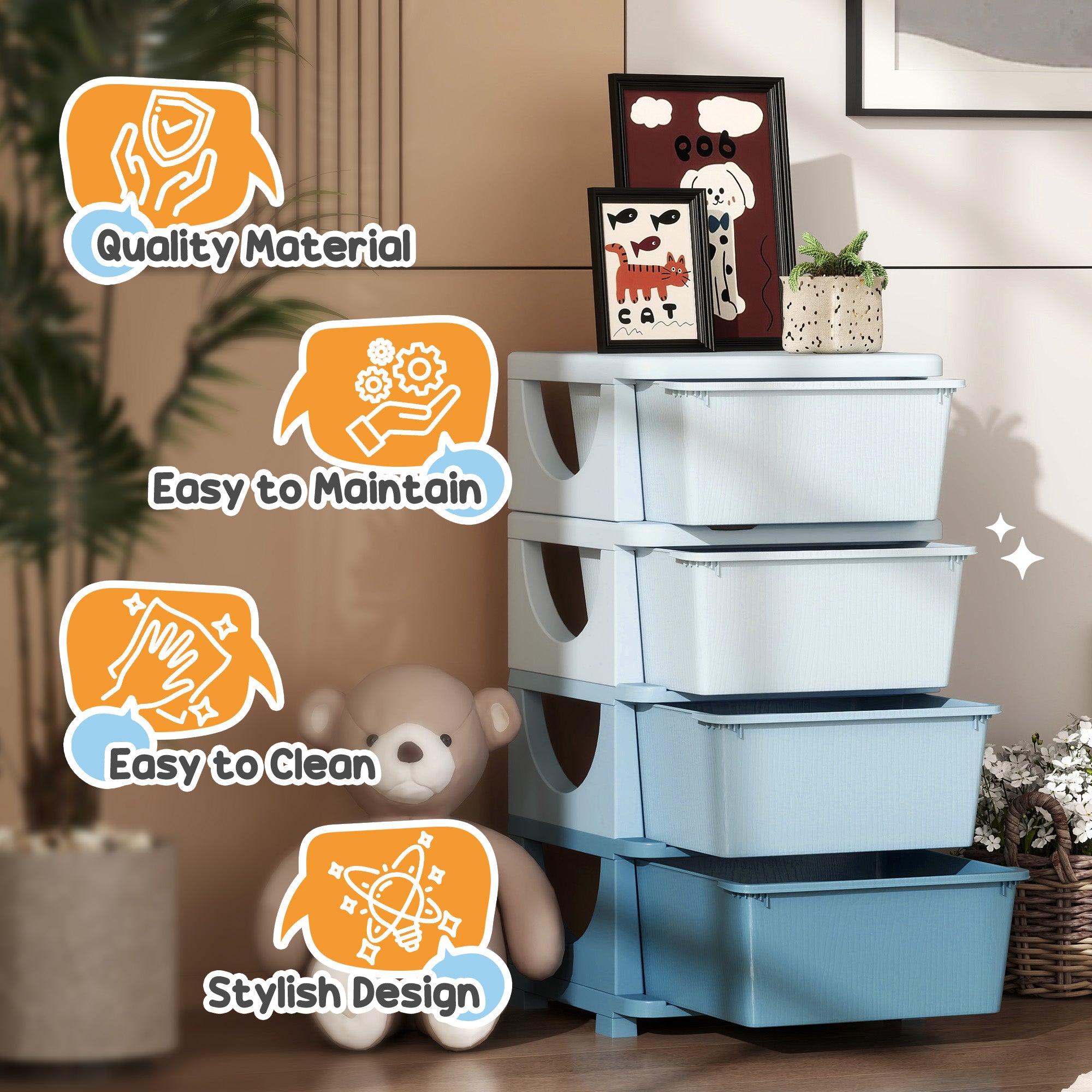 Qaba 4 Tier Kids Toy Organizer and Storage Bins with 4 Plastic Drawers, Blue-Toys & Games > Toddler & Kids Furniture > Baby & Kids Storage-DECOROLALA