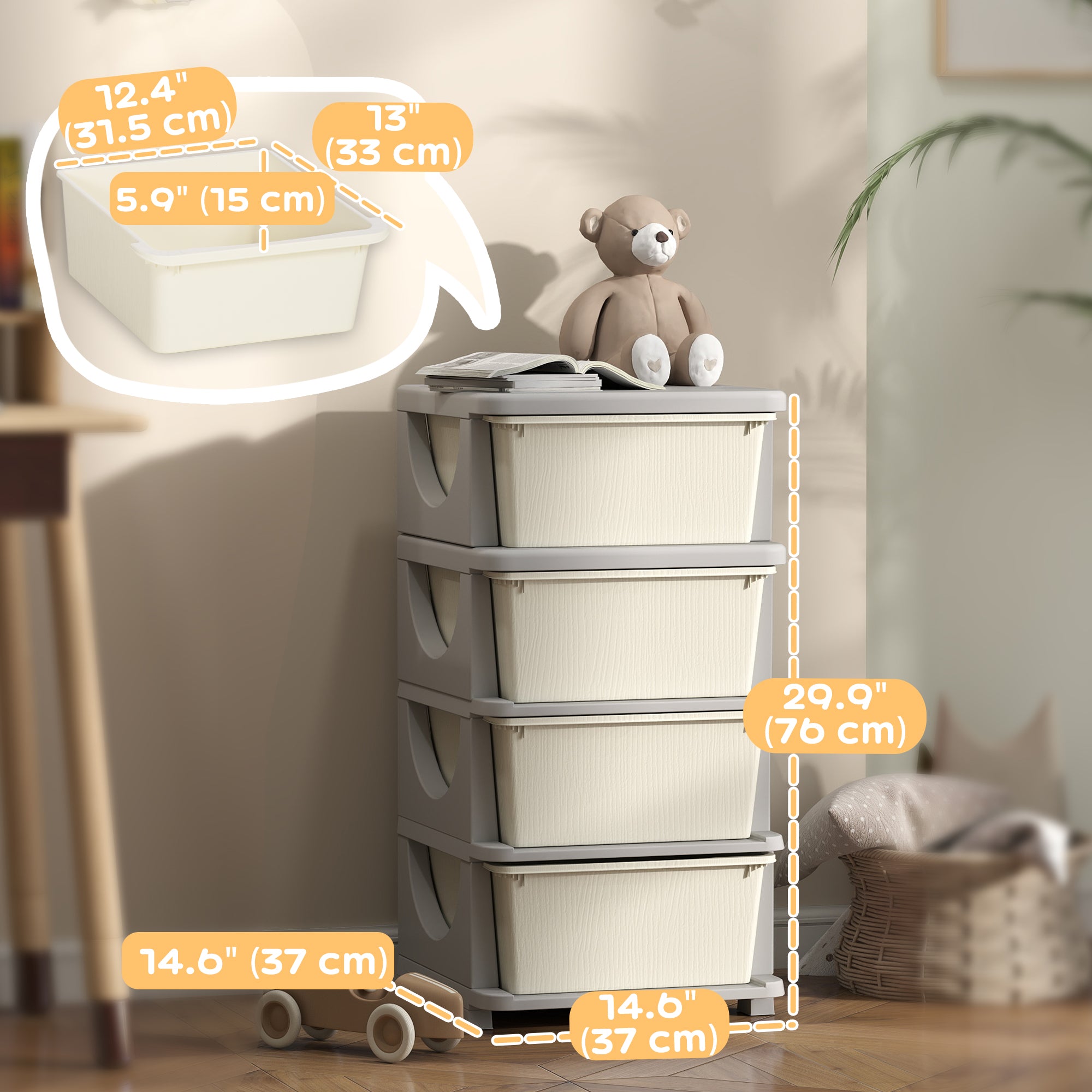 Qaba 4 Tier Kids Toy Organizer and Storage Bins with 4 Plastic Drawers, Cream White-Toys & Games > Toddler & Kids Furniture > Baby & Kids Storage-DECOROLALA