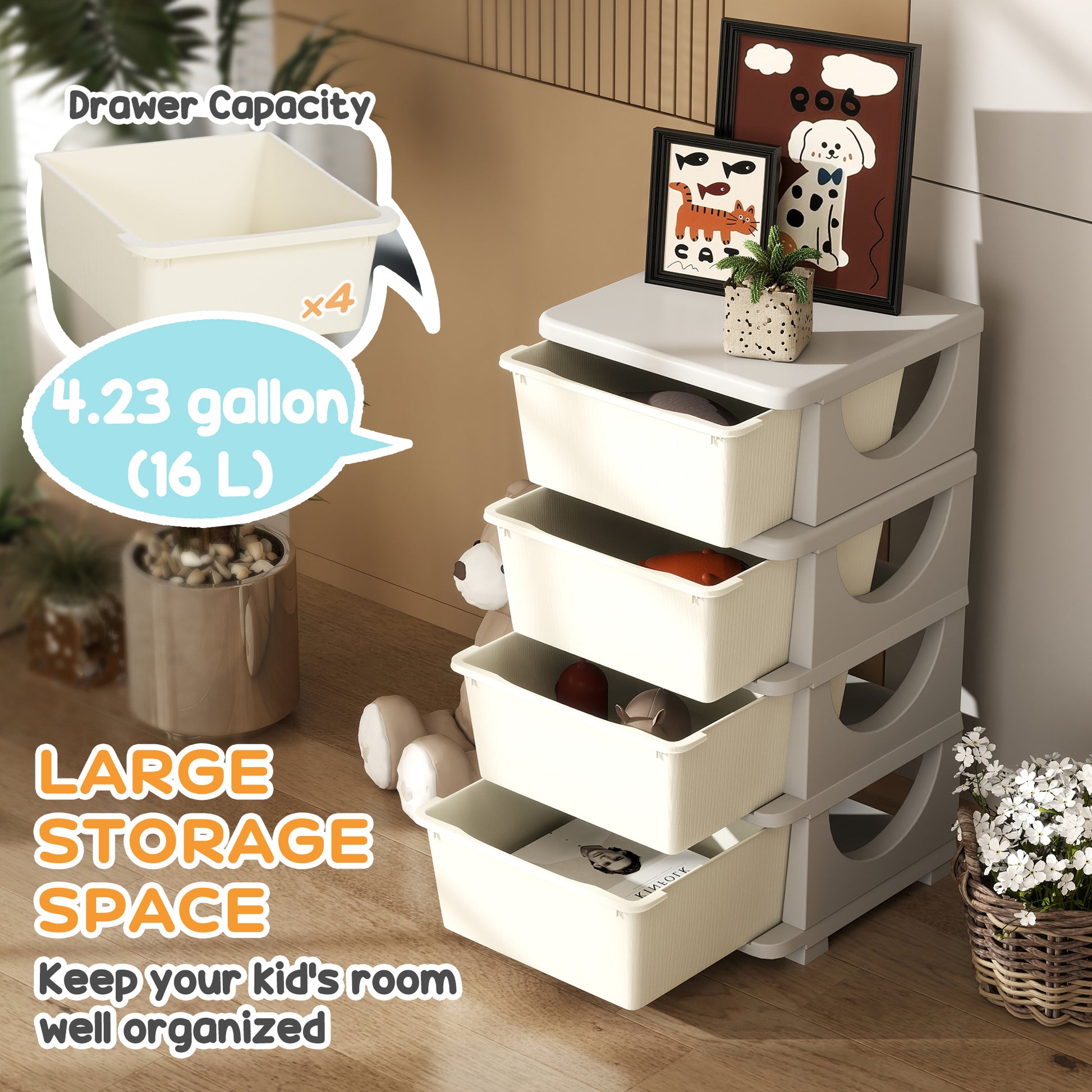 Qaba 4 Tier Kids Toy Organizer and Storage Bins with 4 Plastic Drawers, Cream White-Toys & Games > Toddler & Kids Furniture > Baby & Kids Storage-DECOROLALA