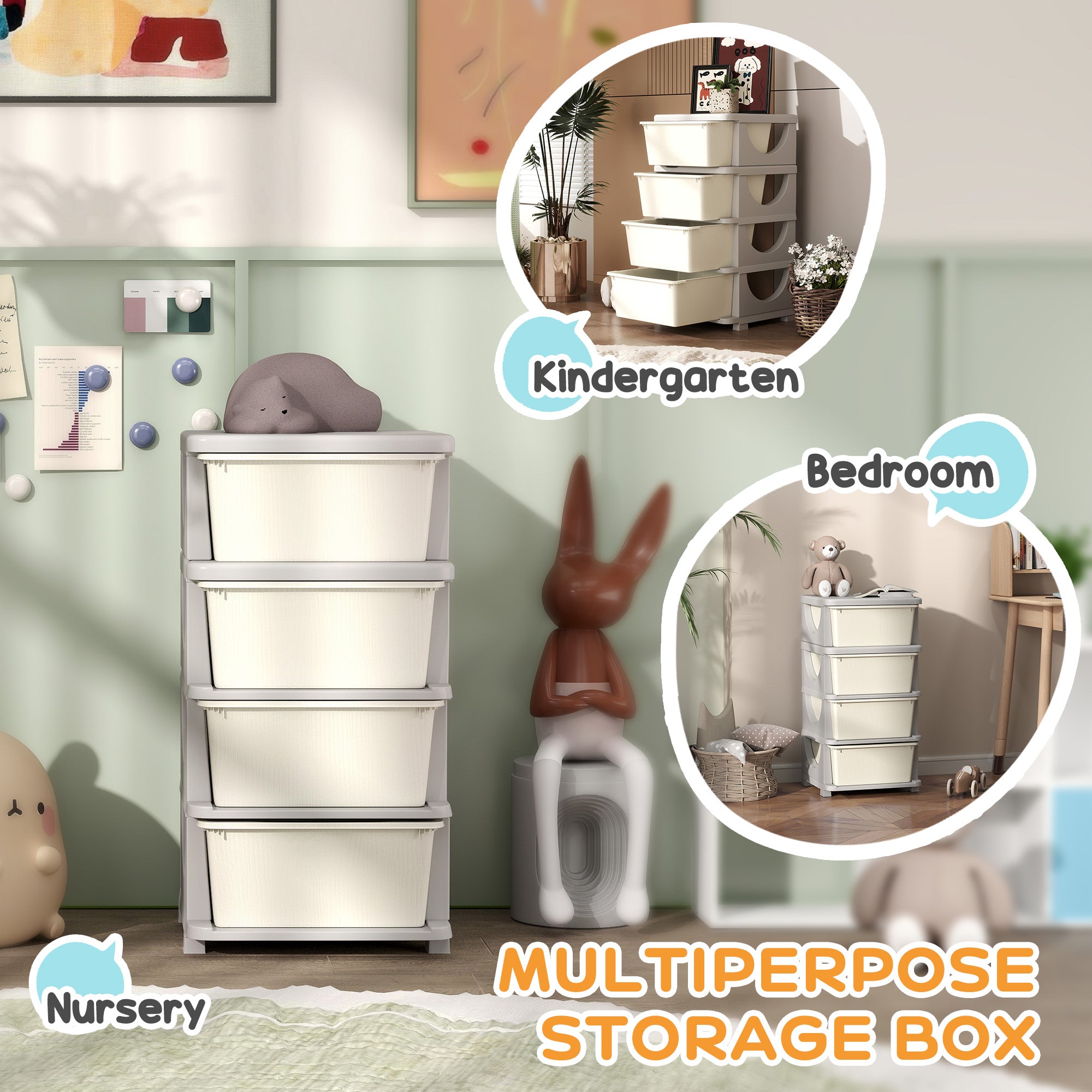 Qaba 4 Tier Kids Toy Organizer and Storage Bins with 4 Plastic Drawers, Cream White-Toys & Games > Toddler & Kids Furniture > Baby & Kids Storage-DECOROLALA