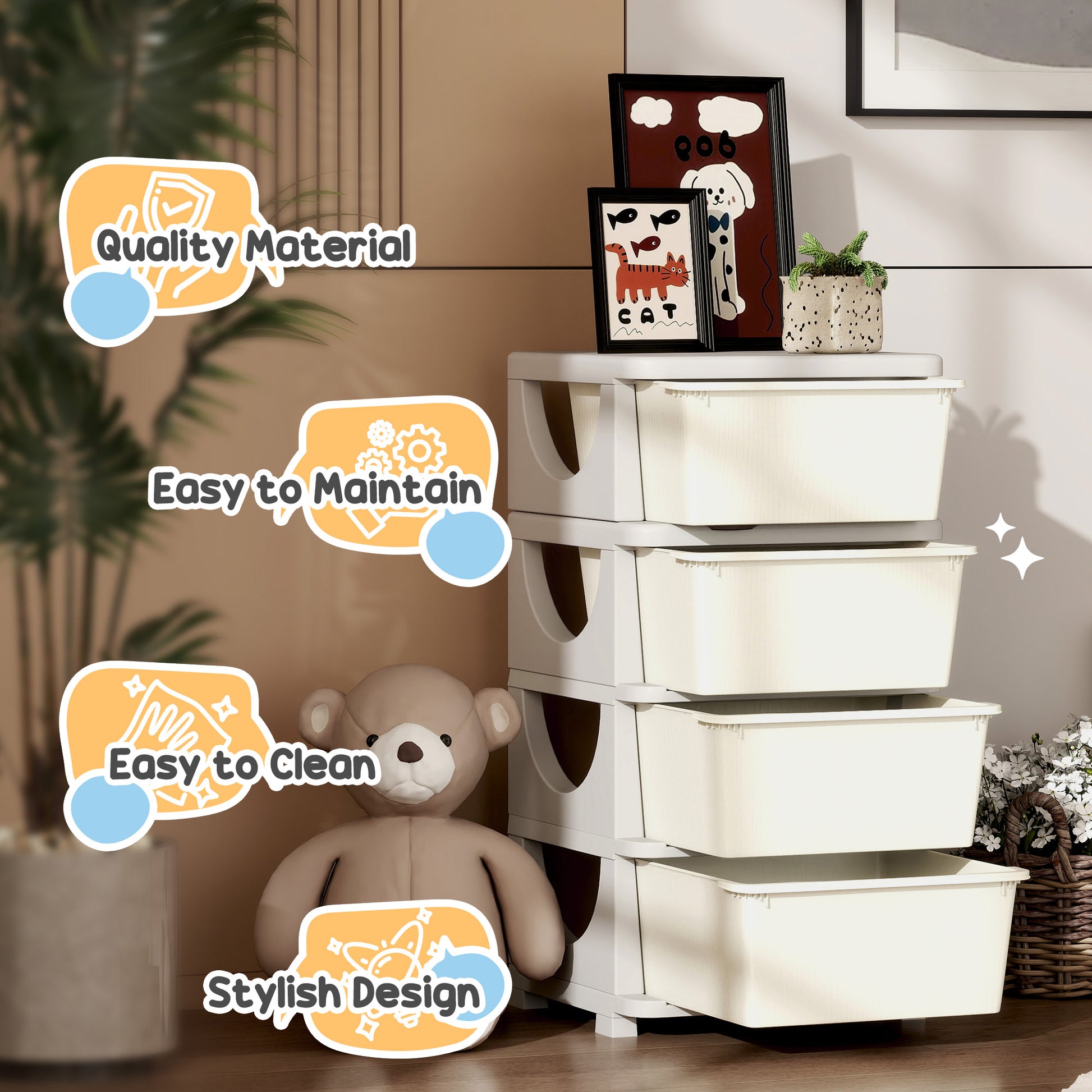 Qaba 4 Tier Kids Toy Organizer and Storage Bins with 4 Plastic Drawers, Cream White-Toys & Games > Toddler & Kids Furniture > Baby & Kids Storage-DECOROLALA