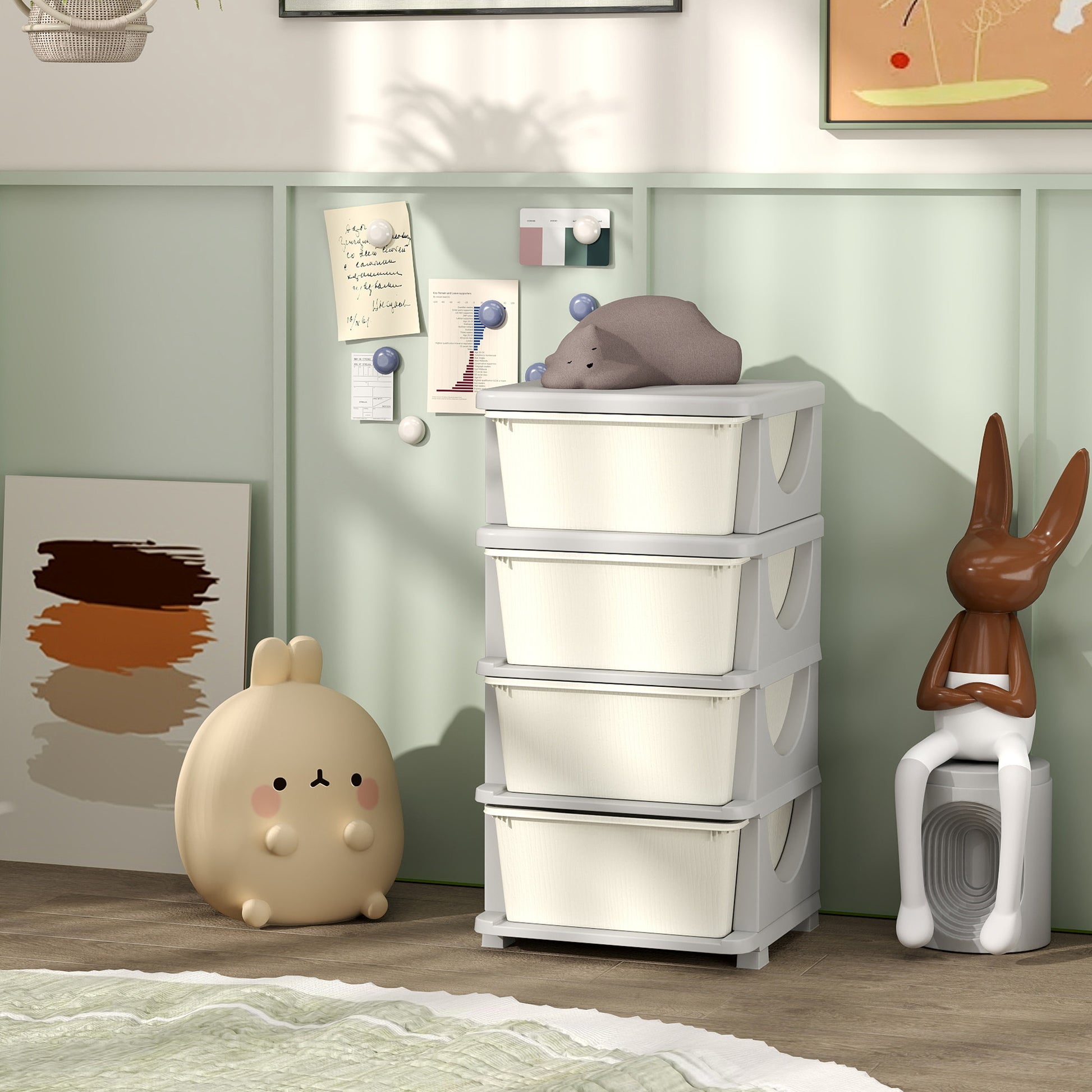 Qaba 4 Tier Kids Toy Organizer and Storage Bins with 4 Plastic Drawers, Cream White-Toys & Games > Toddler & Kids Furniture > Baby & Kids Storage-DECOROLALA