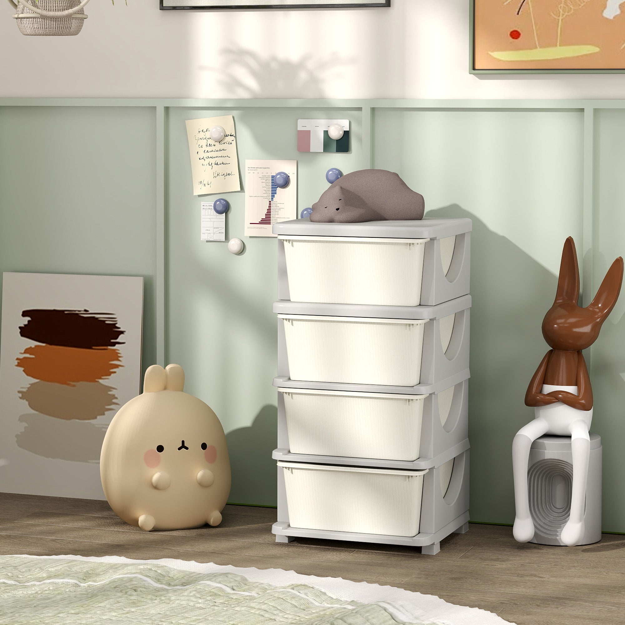 Qaba 4 Tier Kids Toy Organizer and Storage Bins with 4 Plastic Drawers, Cream White-Toys & Games > Toddler & Kids Furniture > Baby & Kids Storage-DECOROLALA