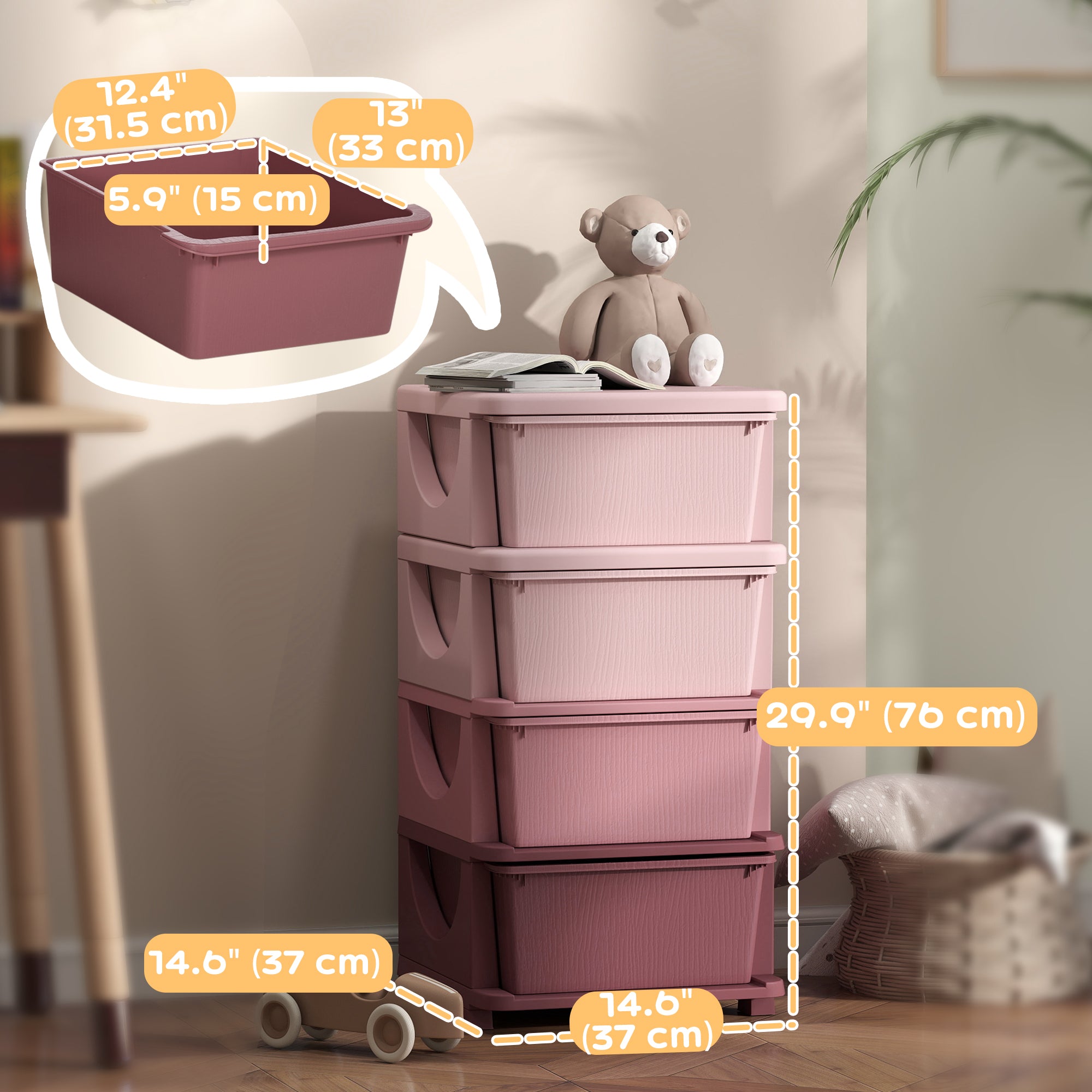 Qaba 4 Tier Kids Toy Organizer and Storage Bins with 4 Plastic Drawers, Pink-Toys & Games > Toddler & Kids Furniture > Baby & Kids Storage-DECOROLALA