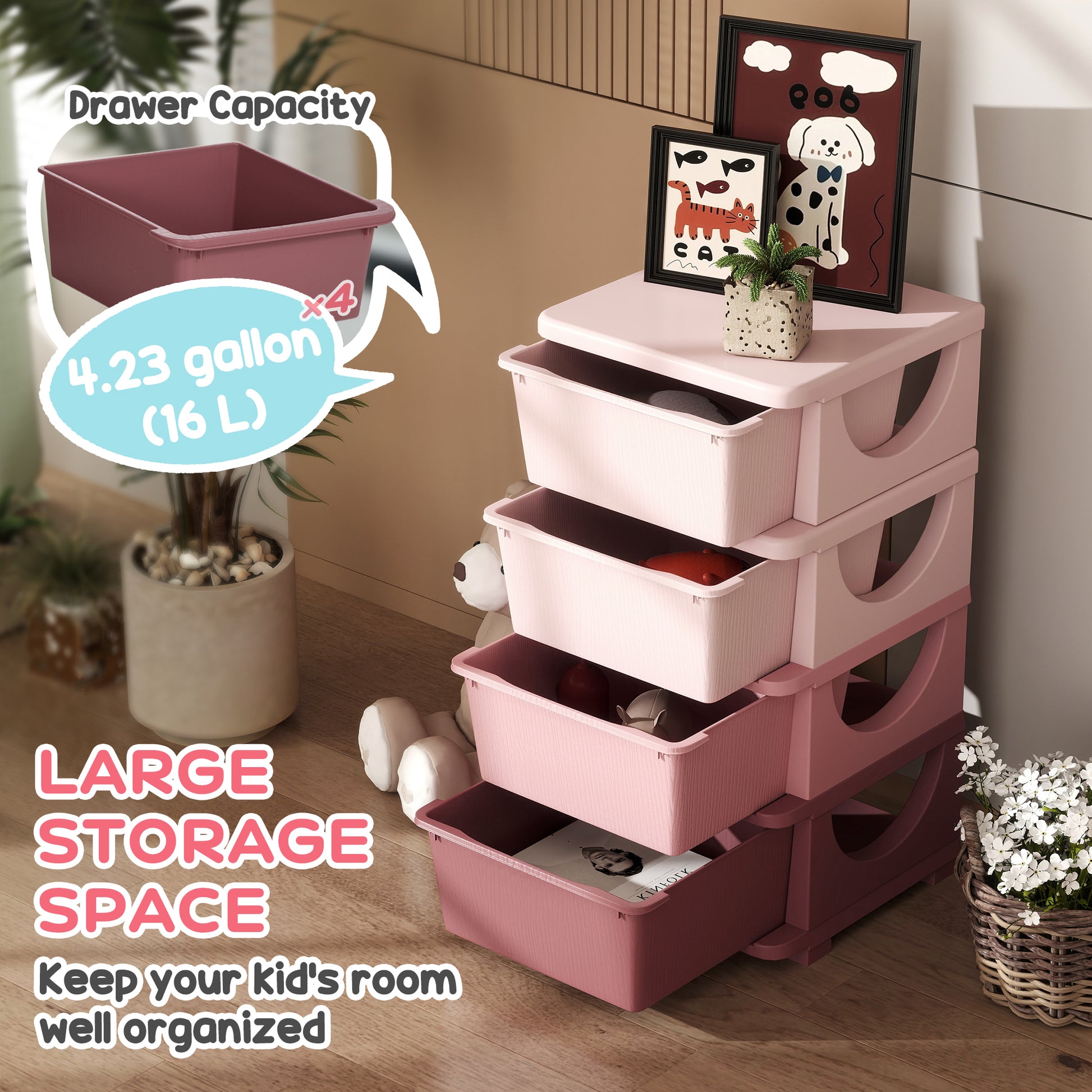 Qaba 4 Tier Kids Toy Organizer and Storage Bins with 4 Plastic Drawers, Pink-Toys & Games > Toddler & Kids Furniture > Baby & Kids Storage-DECOROLALA