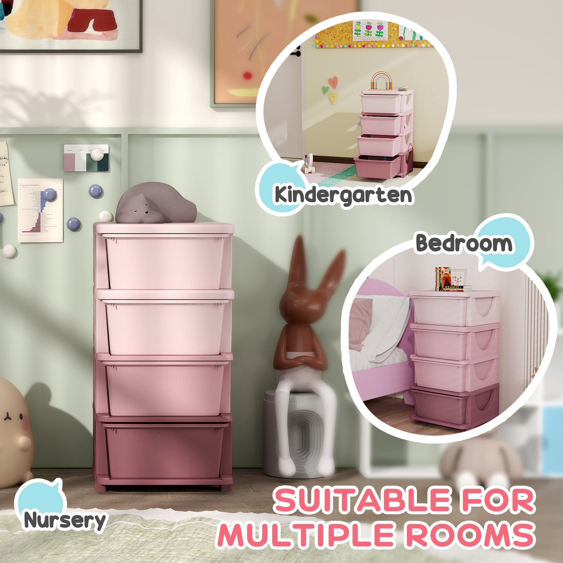 Qaba 4 Tier Kids Toy Organizer and Storage Bins with 4 Plastic Drawers, Pink-Toys & Games > Toddler & Kids Furniture > Baby & Kids Storage-DECOROLALA