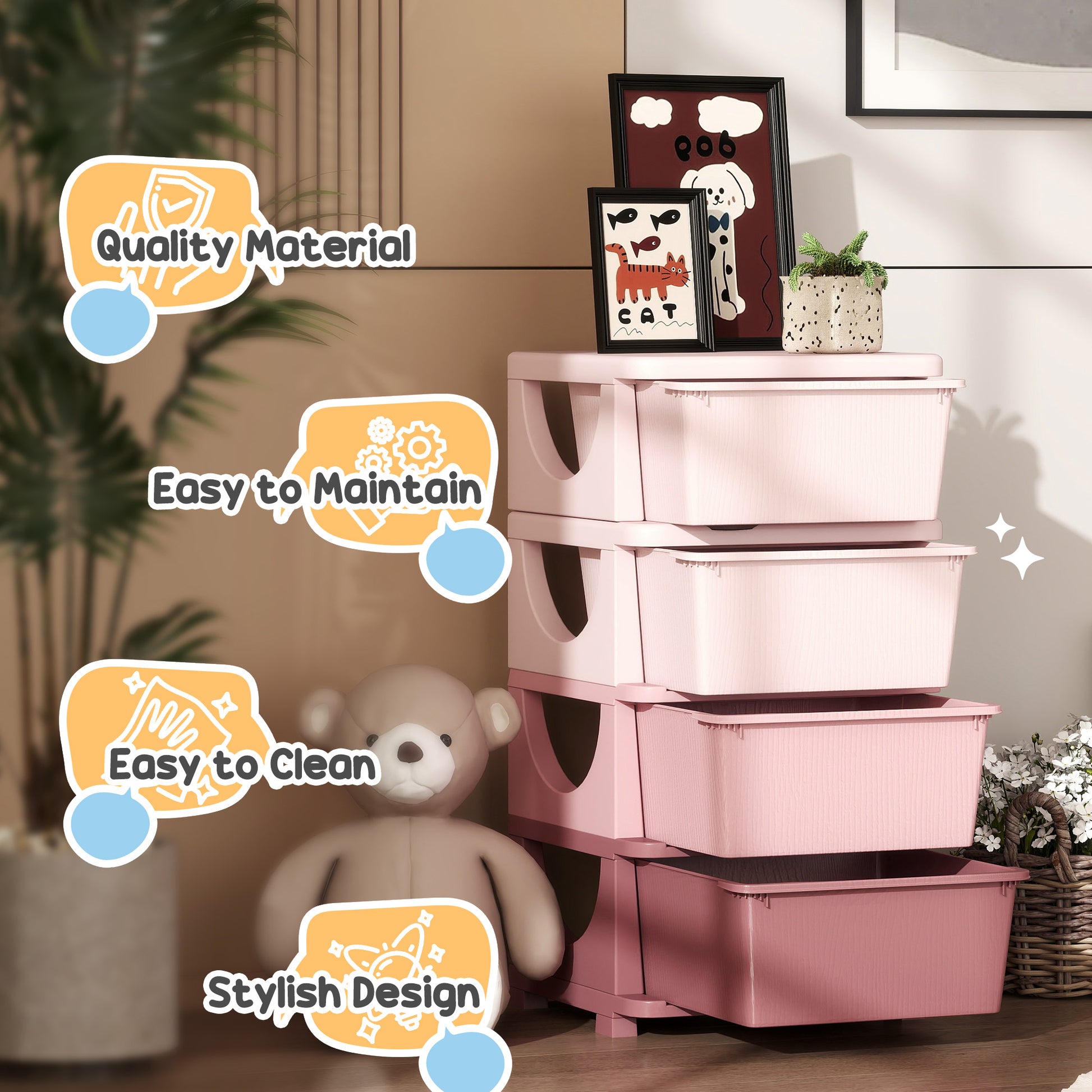 Qaba 4 Tier Kids Toy Organizer and Storage Bins with 4 Plastic Drawers, Pink-Toys & Games > Toddler & Kids Furniture > Baby & Kids Storage-DECOROLALA