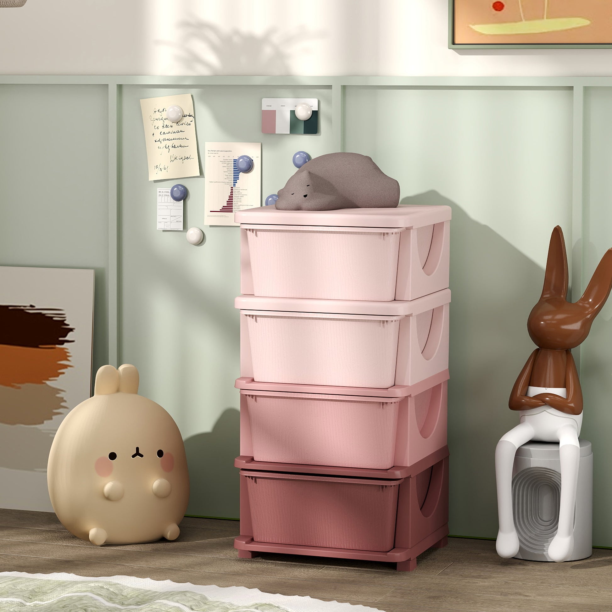 Qaba 4 Tier Kids Toy Organizer and Storage Bins with 4 Plastic Drawers, Pink-Toys & Games > Toddler & Kids Furniture > Baby & Kids Storage-DECOROLALA