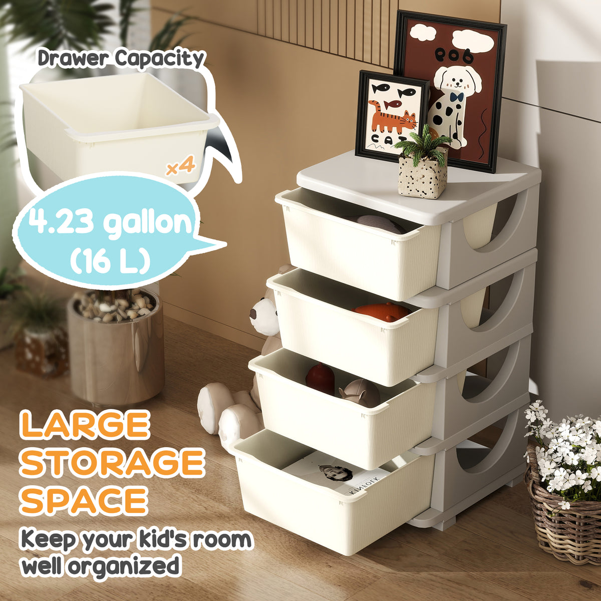 Qaba 4-Tier Kids Toy Storage Organizer with 4 Bins - Cream White-Toys & Games > Toddler & Kids Furniture > Baby & Kids Storage-DECOROLALA