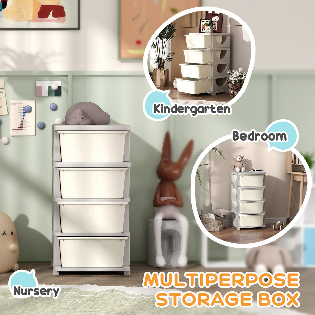 Qaba 4-Tier Kids Toy Storage Organizer with 4 Bins - Cream White-Toys & Games > Toddler & Kids Furniture > Baby & Kids Storage-DECOROLALA